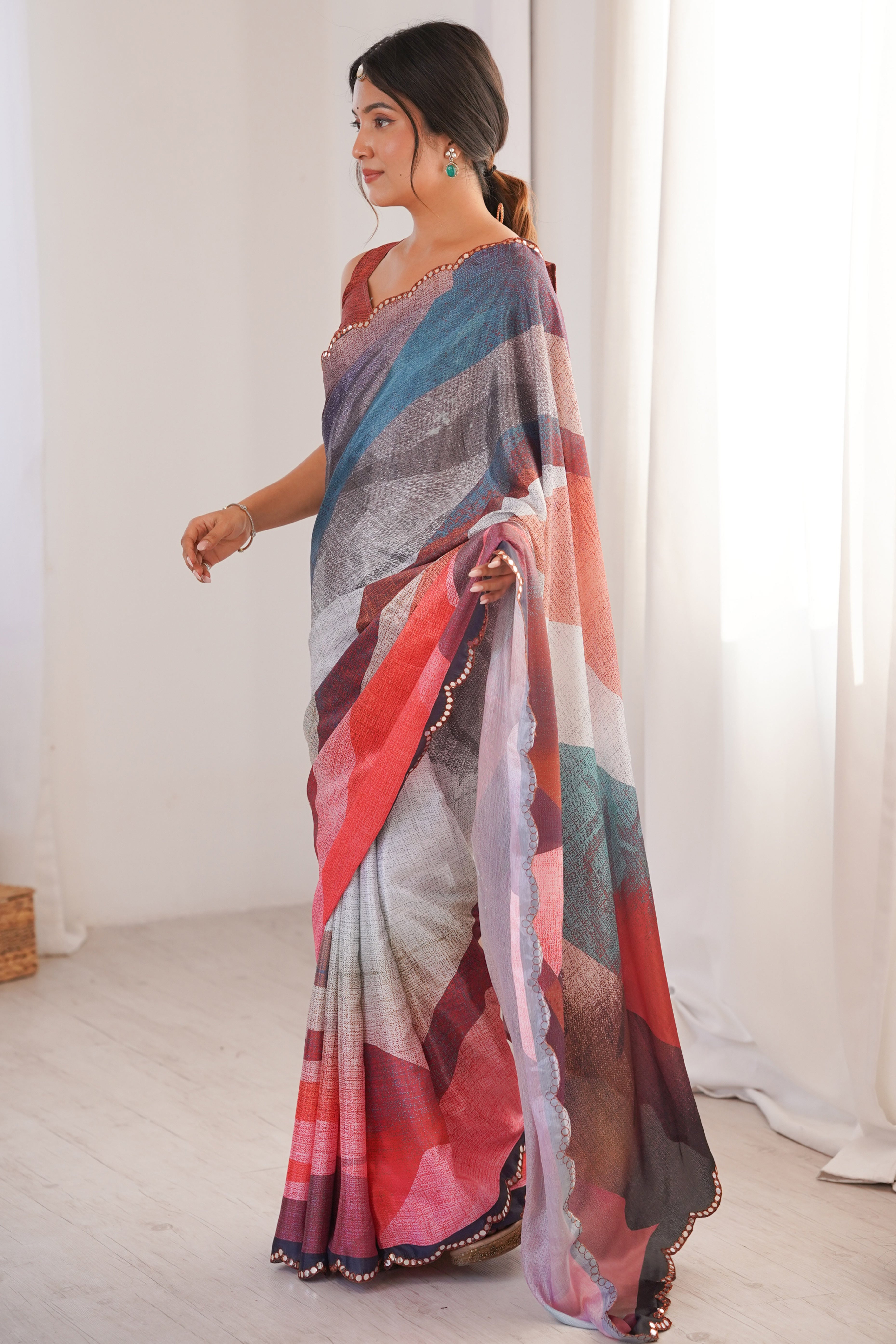 Vibrant Multicolor Digital Printed Chinon Saree Accented With Elegant Embroidered Border Work