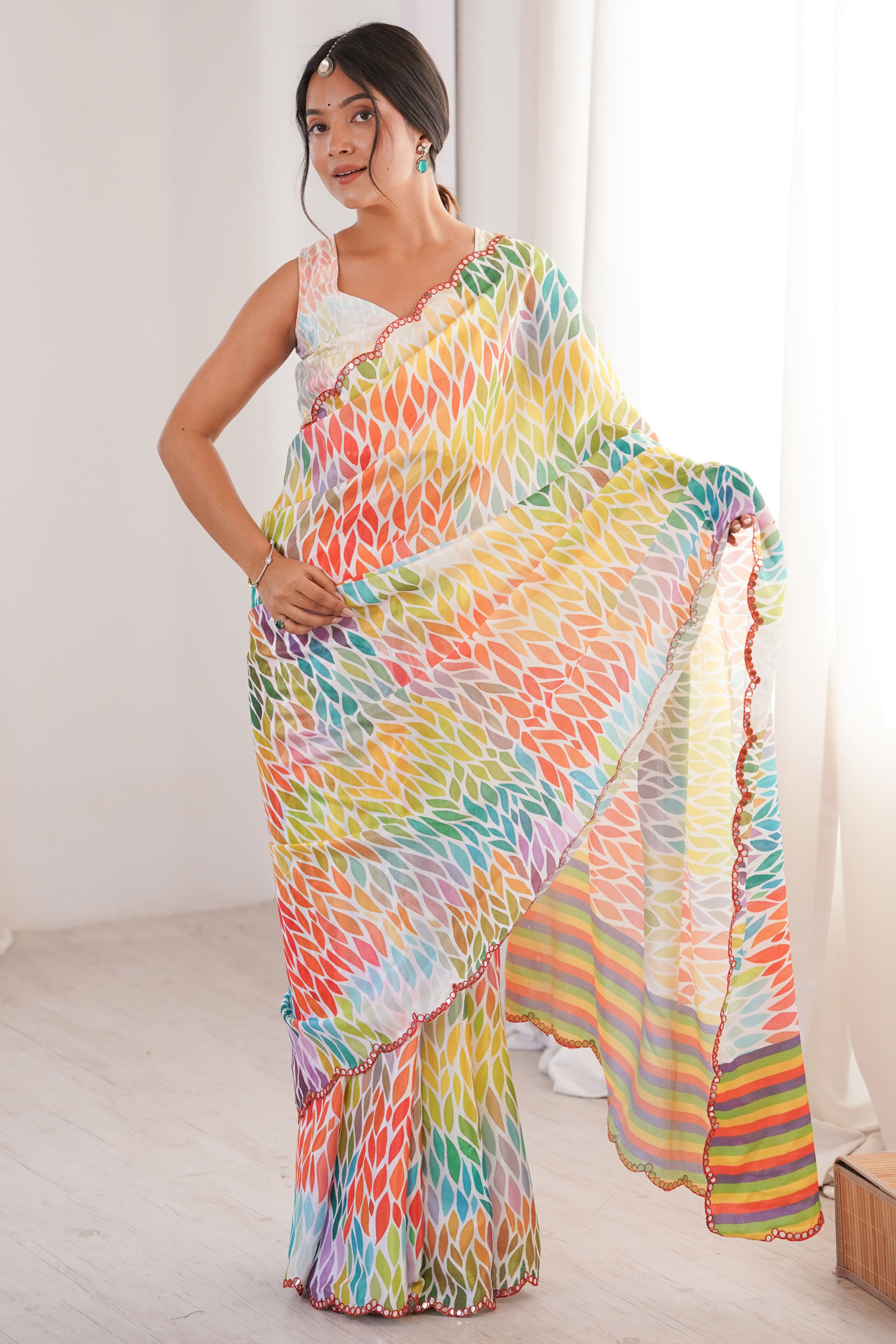 Timeless Multicolor Digital Printed Chinon Saree Enhanced With Fine Embroidered Border Accents