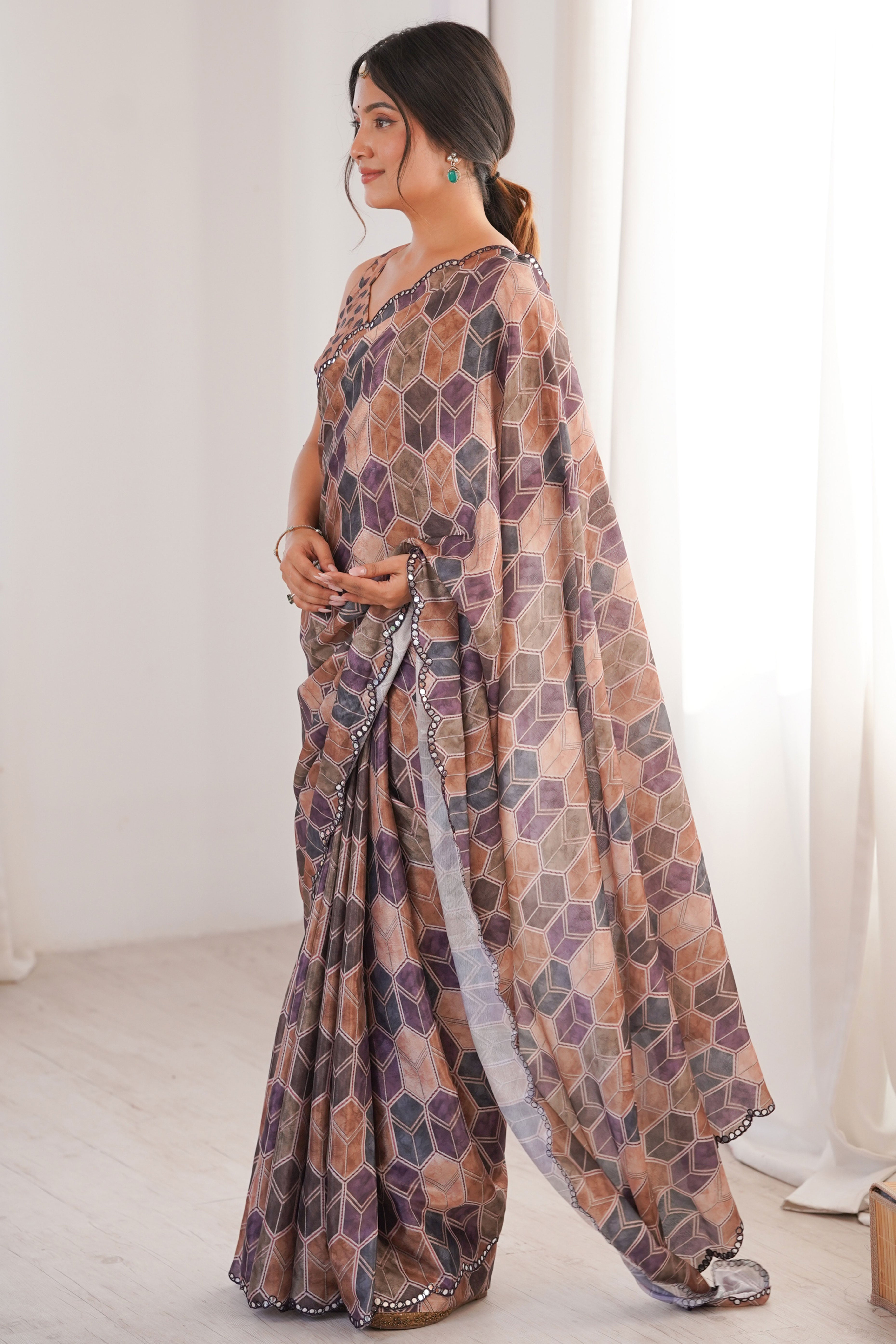 Vibrant Multicolor Geometric Digital Printed Chinon Saree Accented With Exquisite Embroidered Border