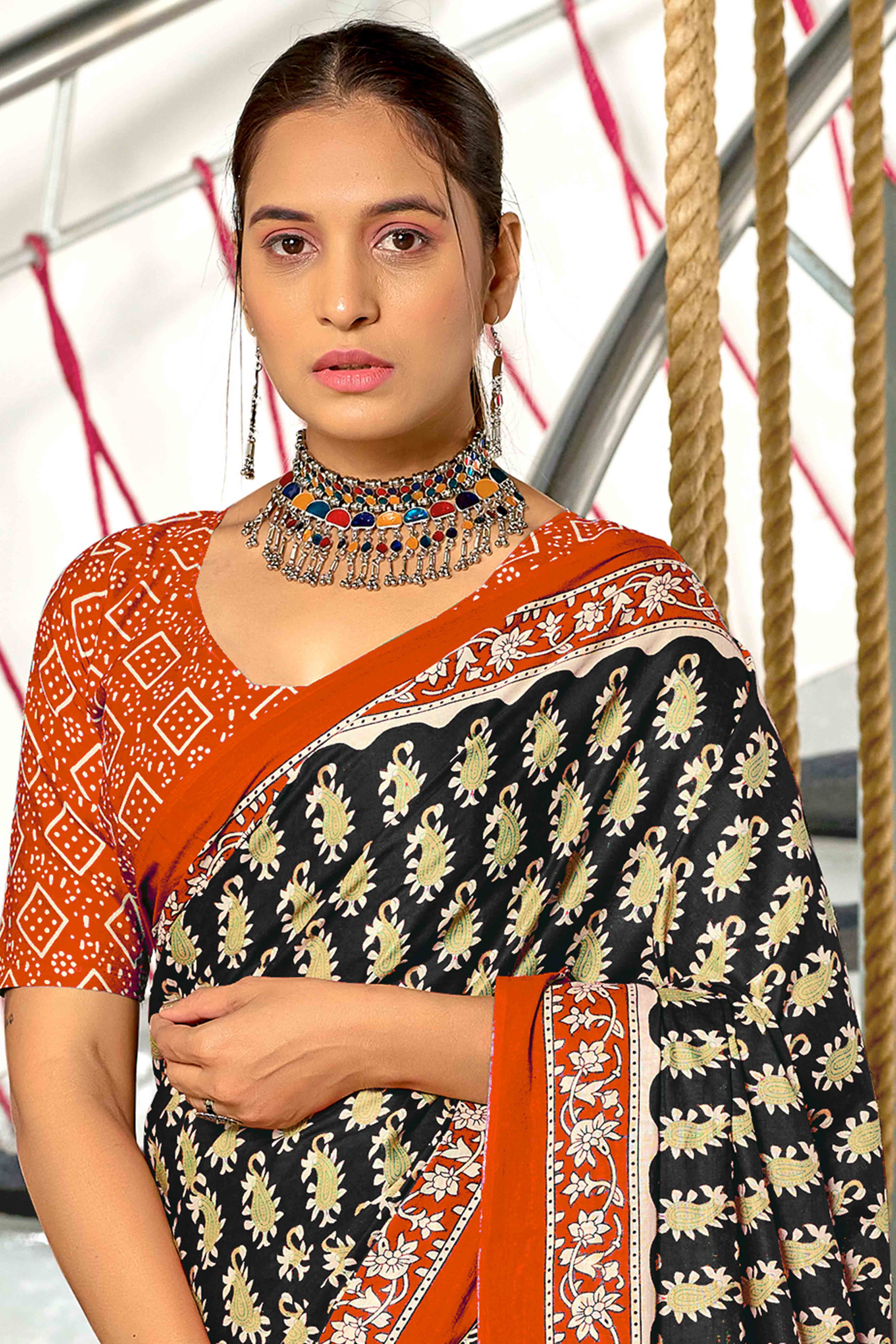 Black & Orange Hand Block Printed Pure Cotton Saree For Casual Wear