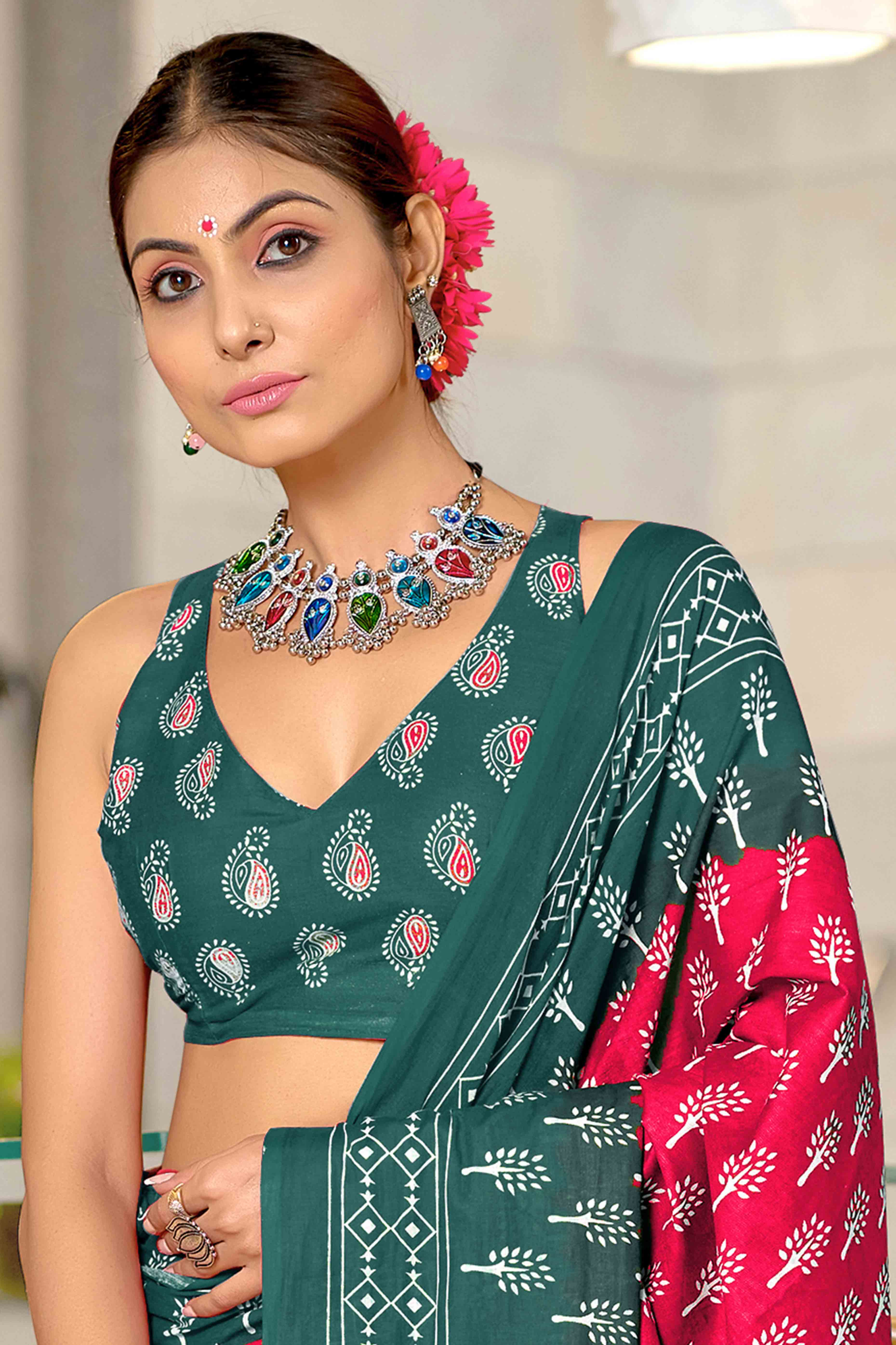 Teal Blue & Pink Soft Cotton Saree with Charming Floral Design