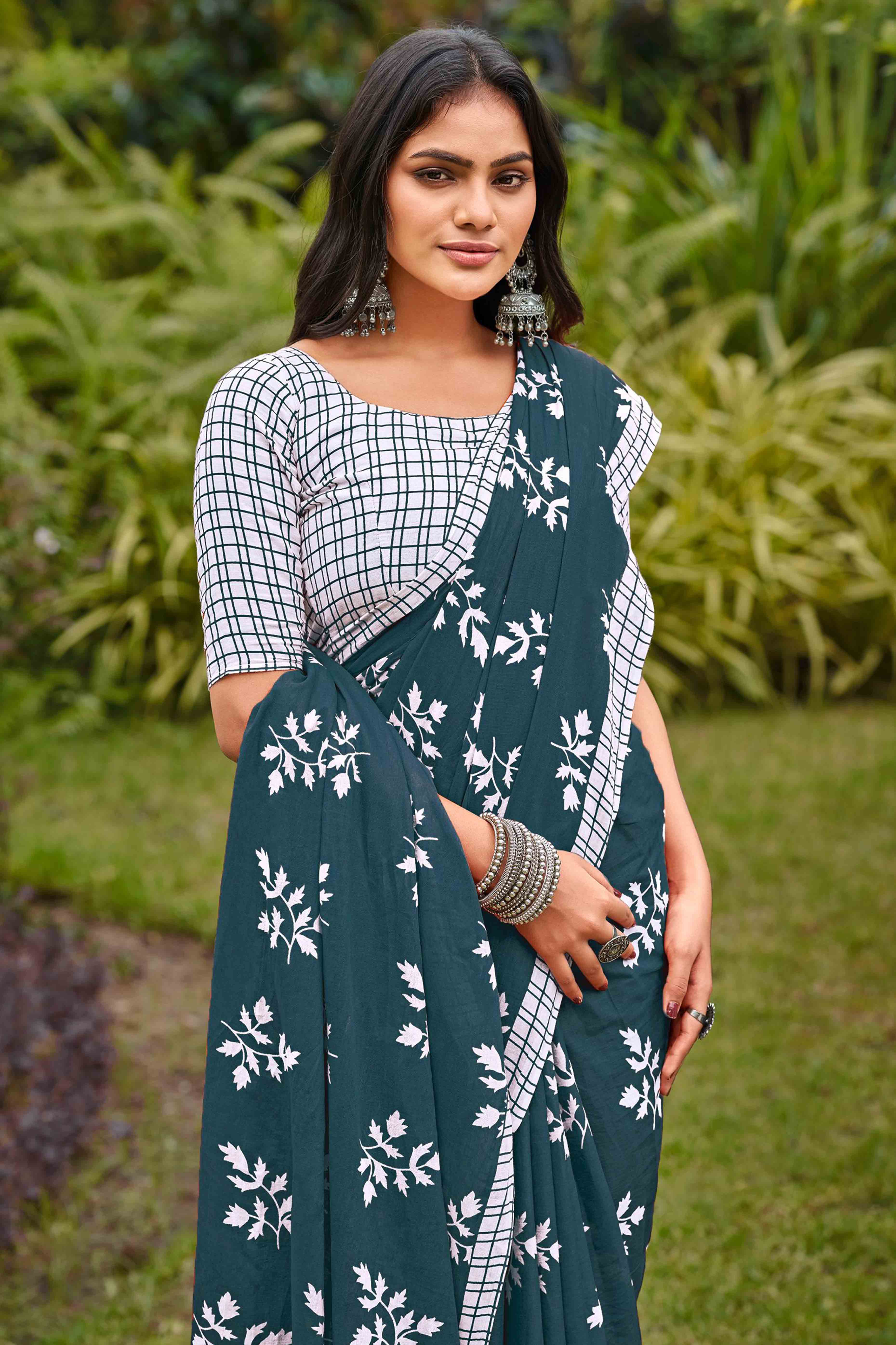 Dark Grey Floral Printed Fancy Light Weight Cotton Saree