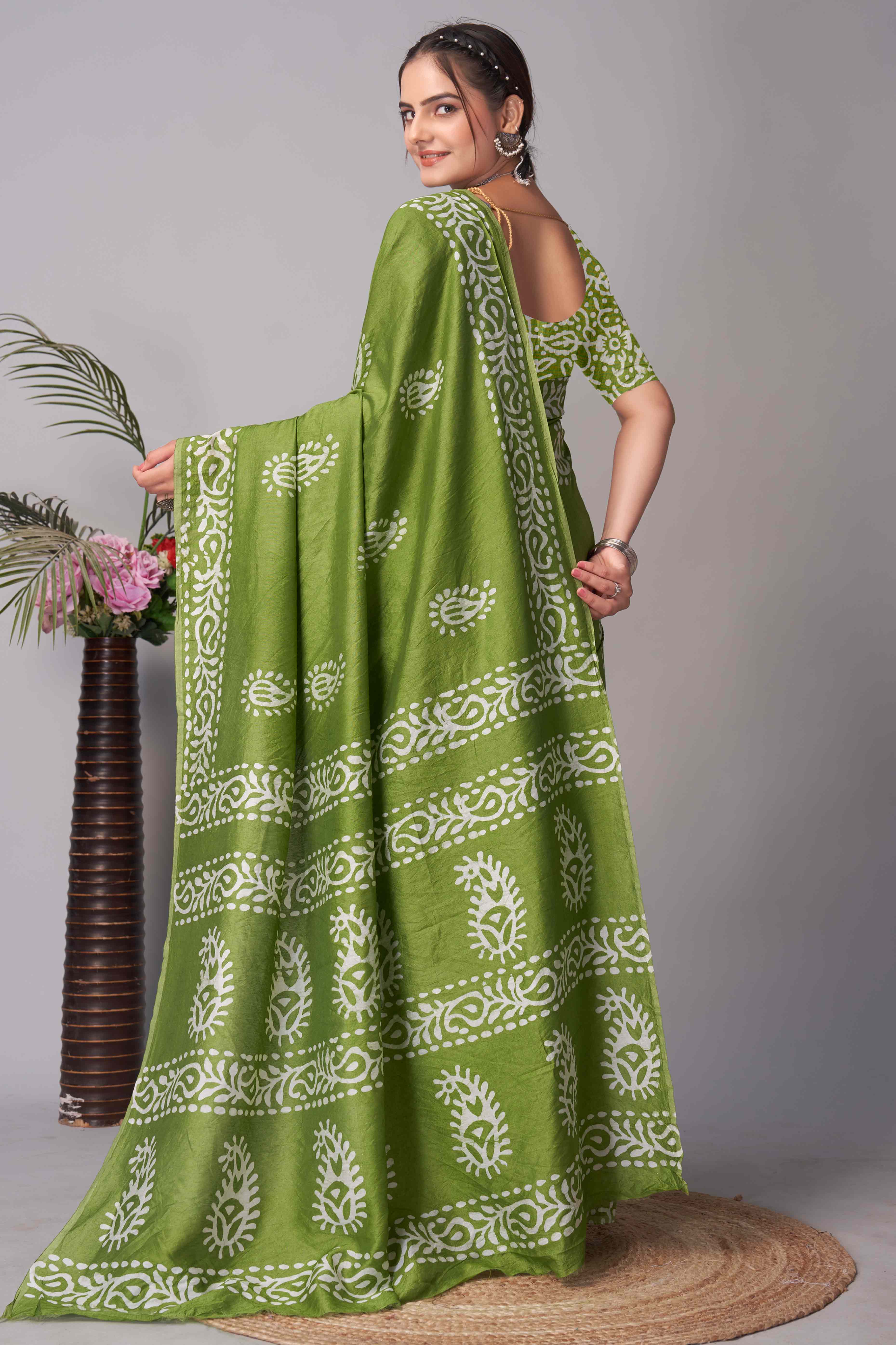 Parrot Green Batik Printed Chanderi Cotton Silk Saree