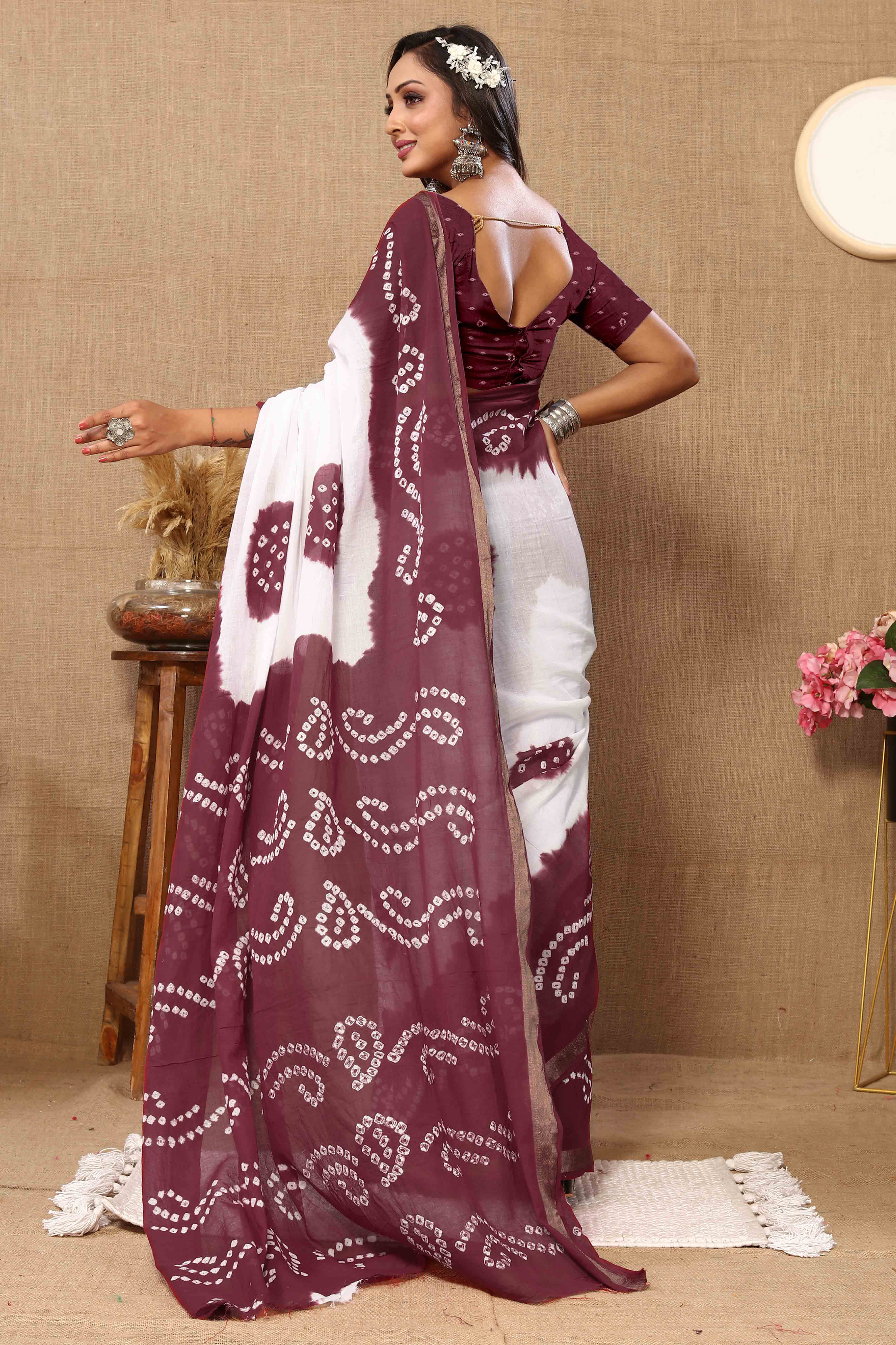 Burgundy & White Bandhani Printed Mul Mul Pure Cotton Saree
