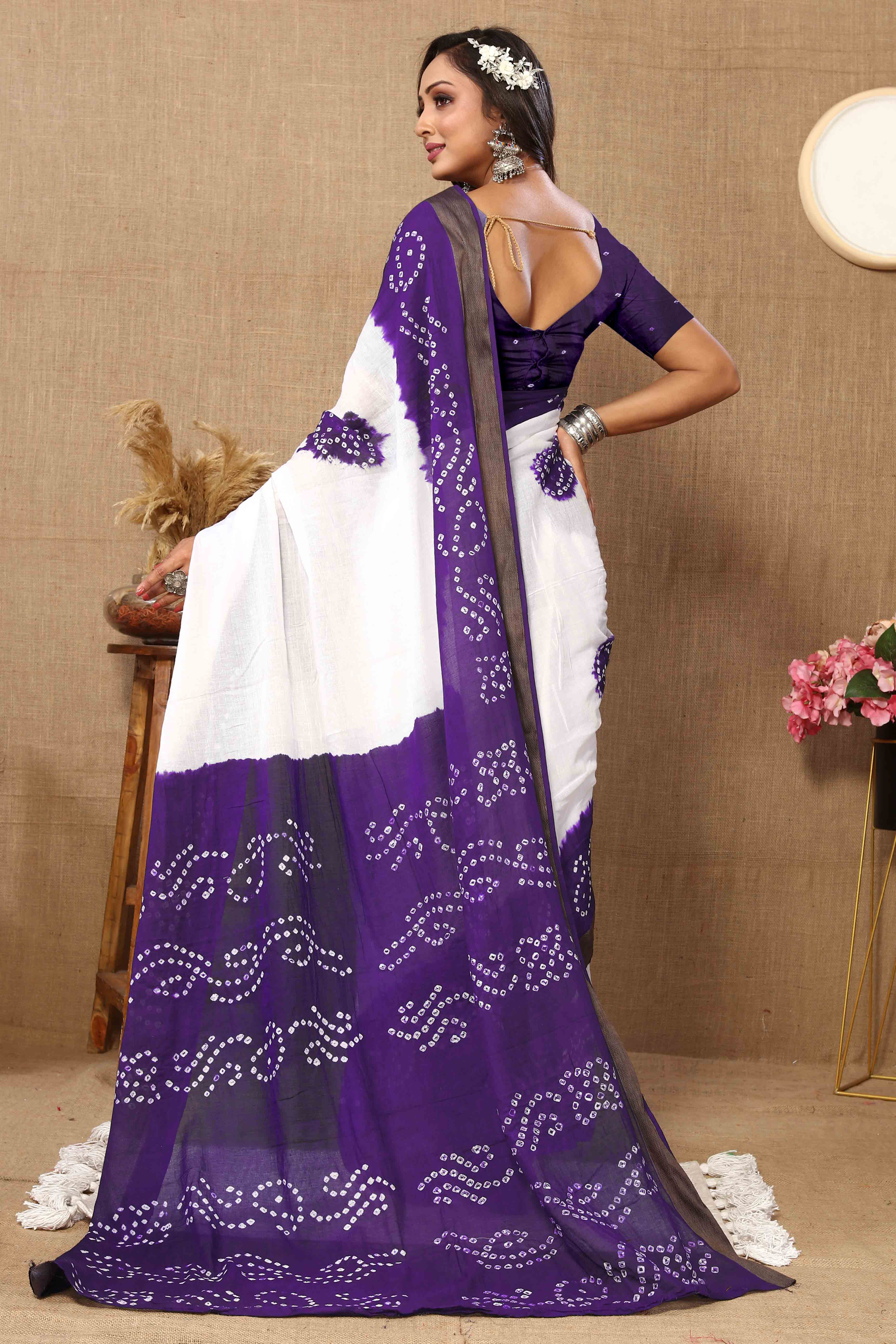 Purple & White Bandhani Printed Mul Mul Pure Cotton Saree