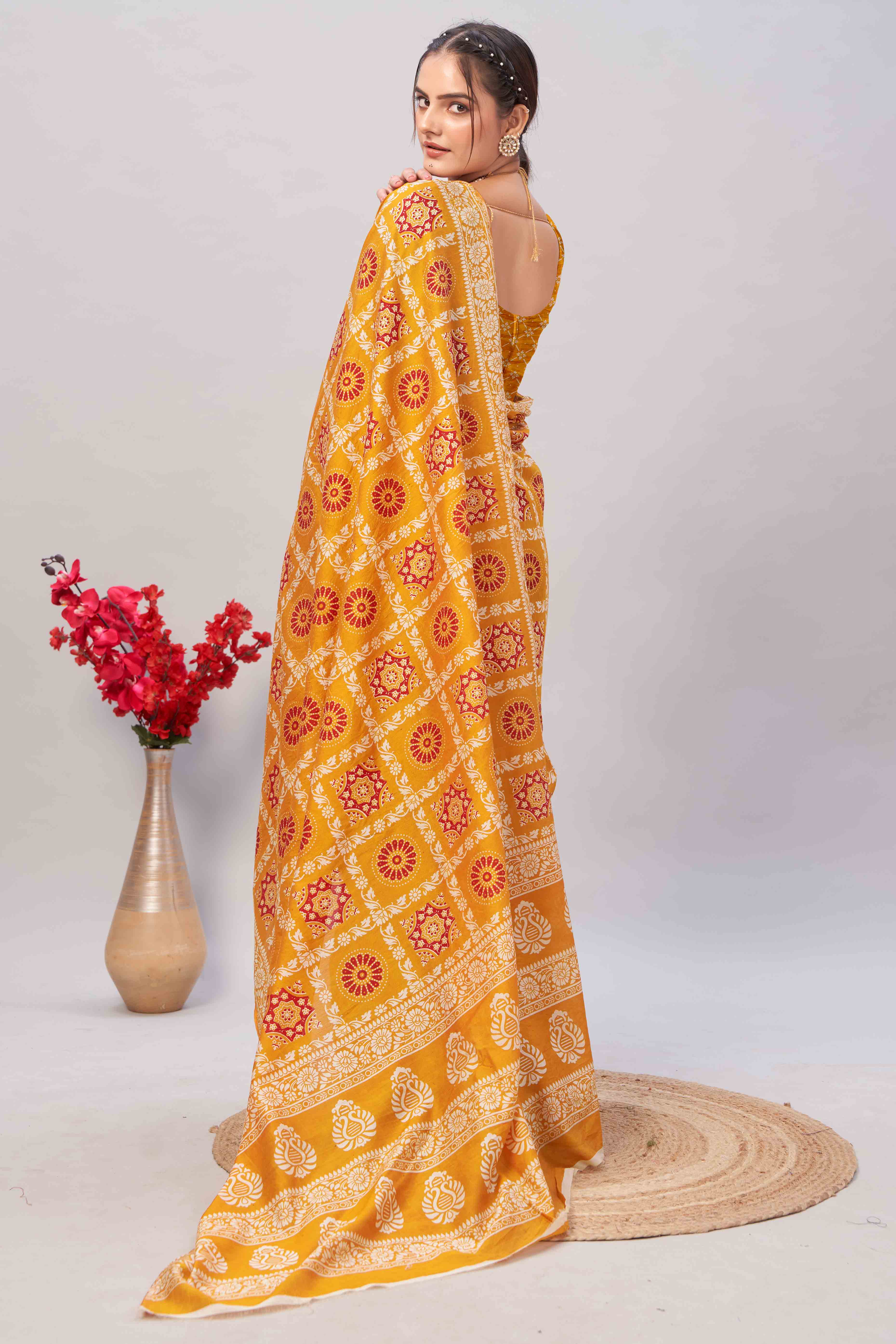 Mustard Ajrakh Printed Cotton Blend Saree