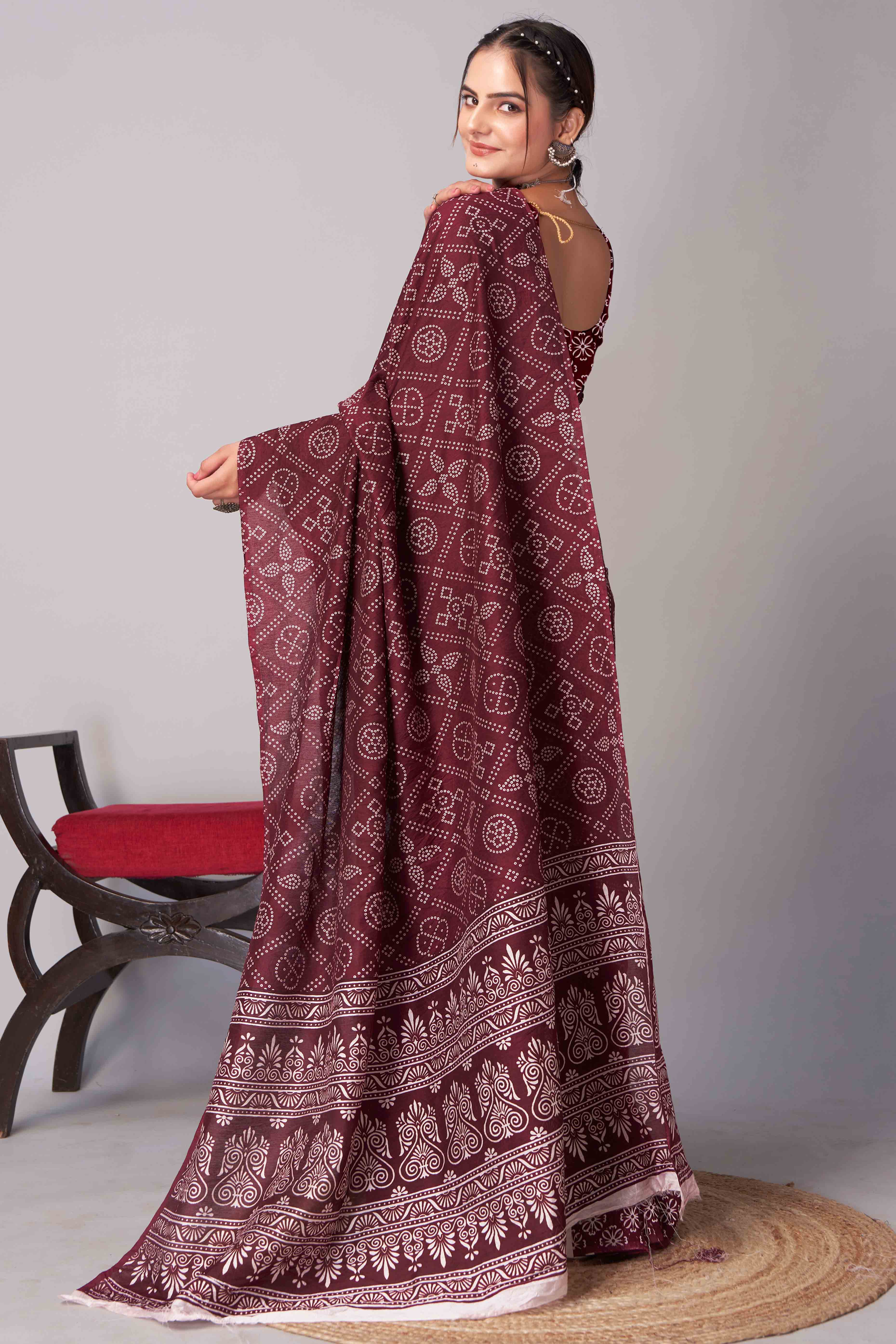 Dark Maroon Ajrakh Printed Cotton Blend Saree