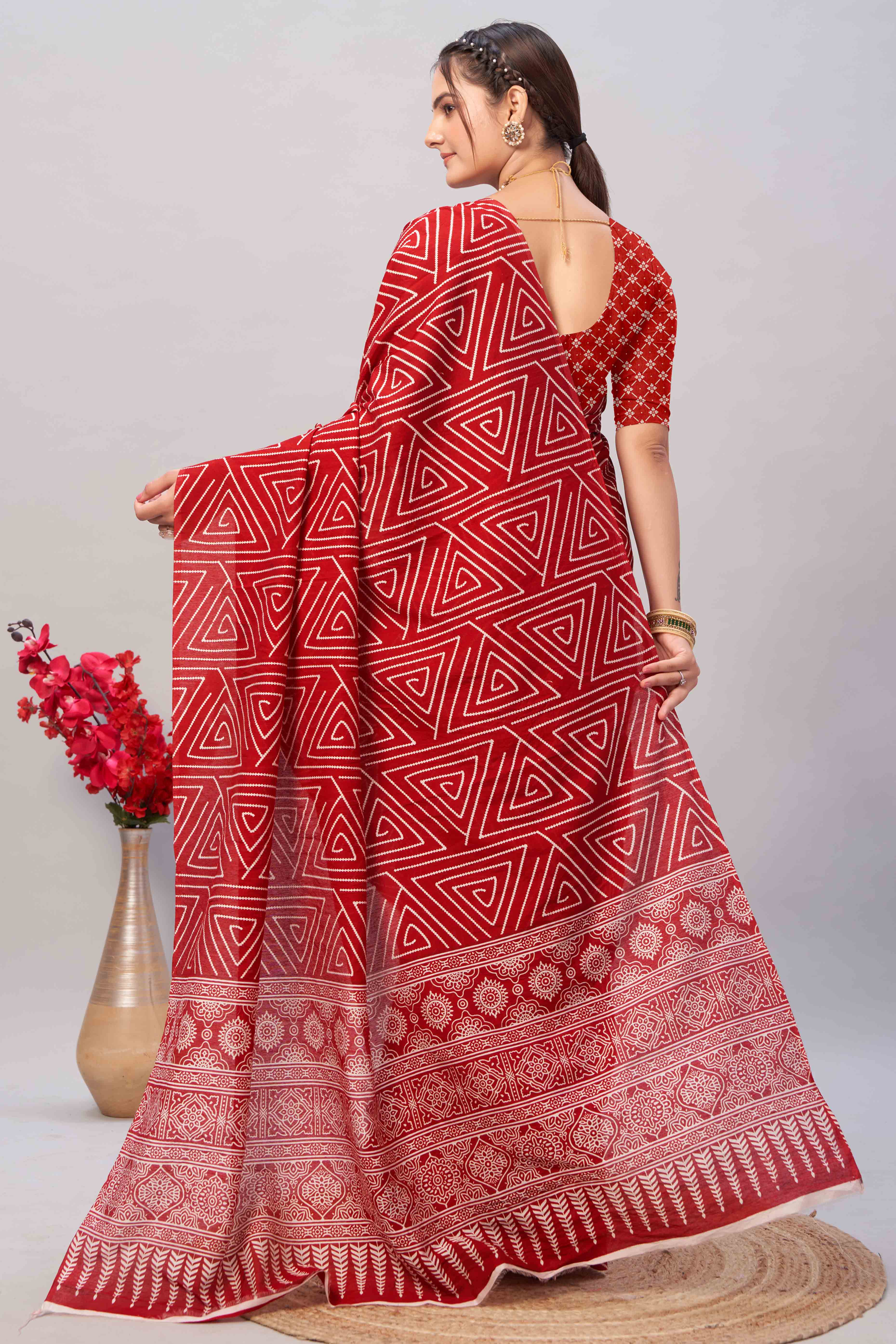 Red Ajrakh Printed Cotton Blend Saree