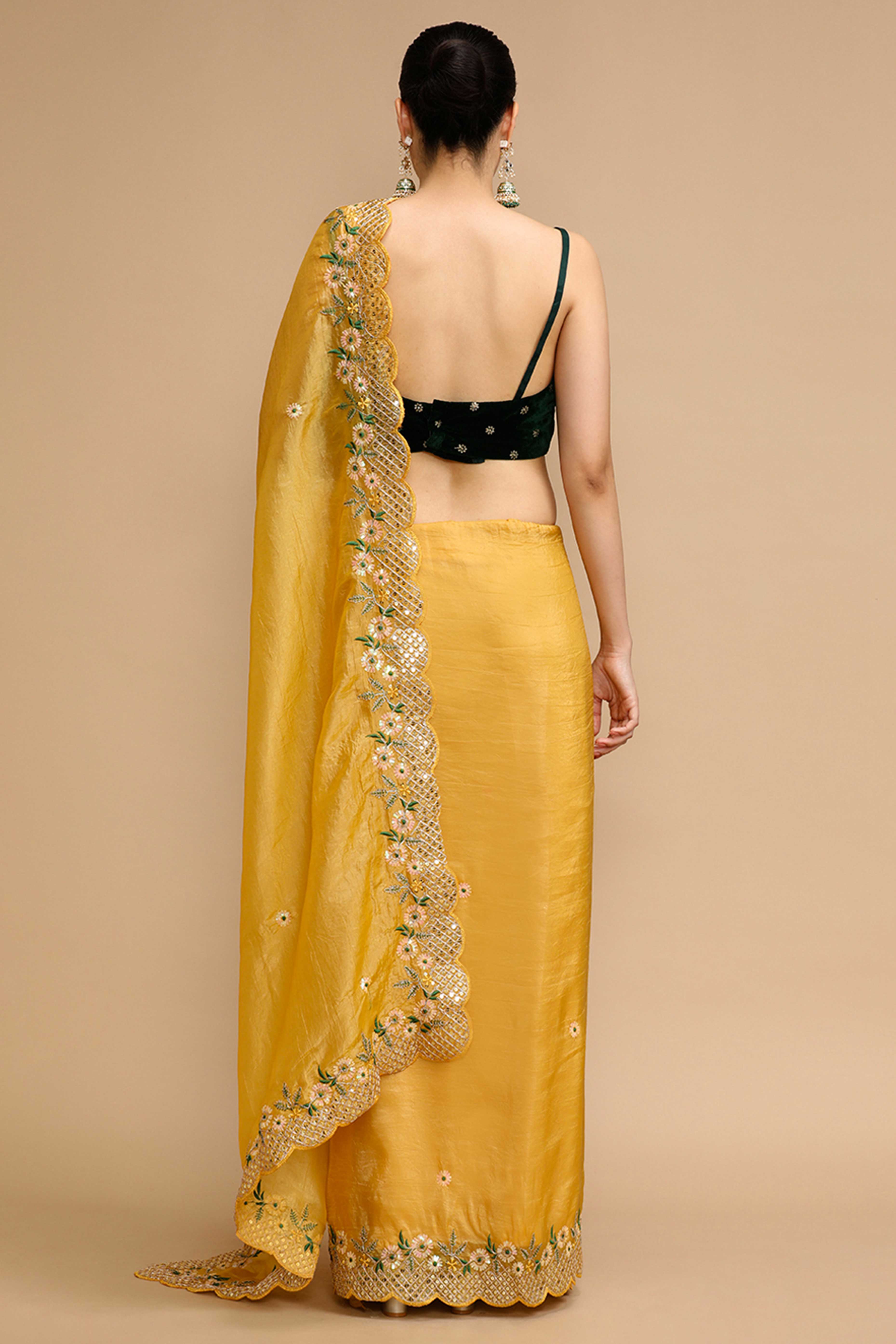 Mustard Floral Design Art Silk Saree with Glittering Sequins Embroidery