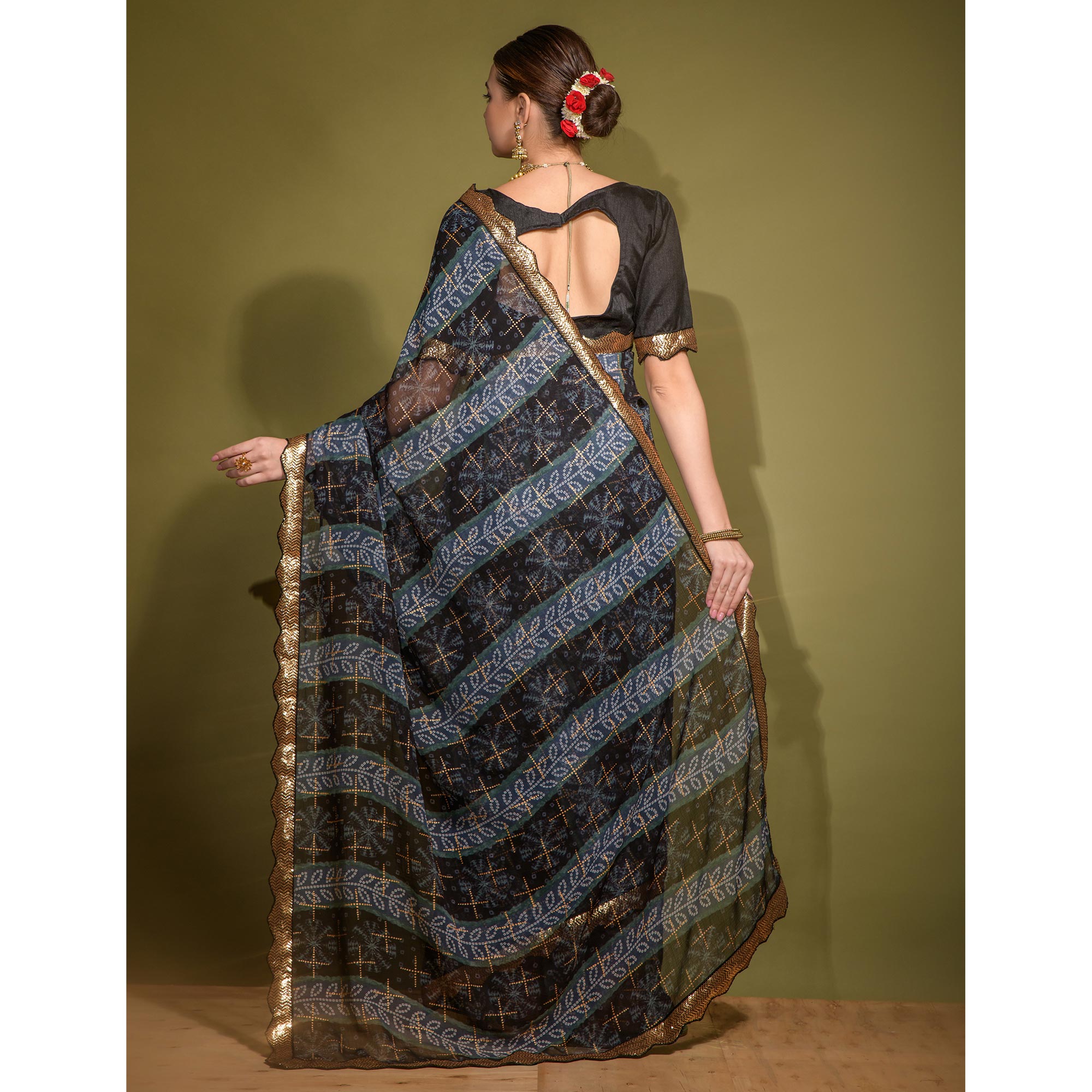 Black Bandhani Foil Printed Georgette Saree With Embroidered Border