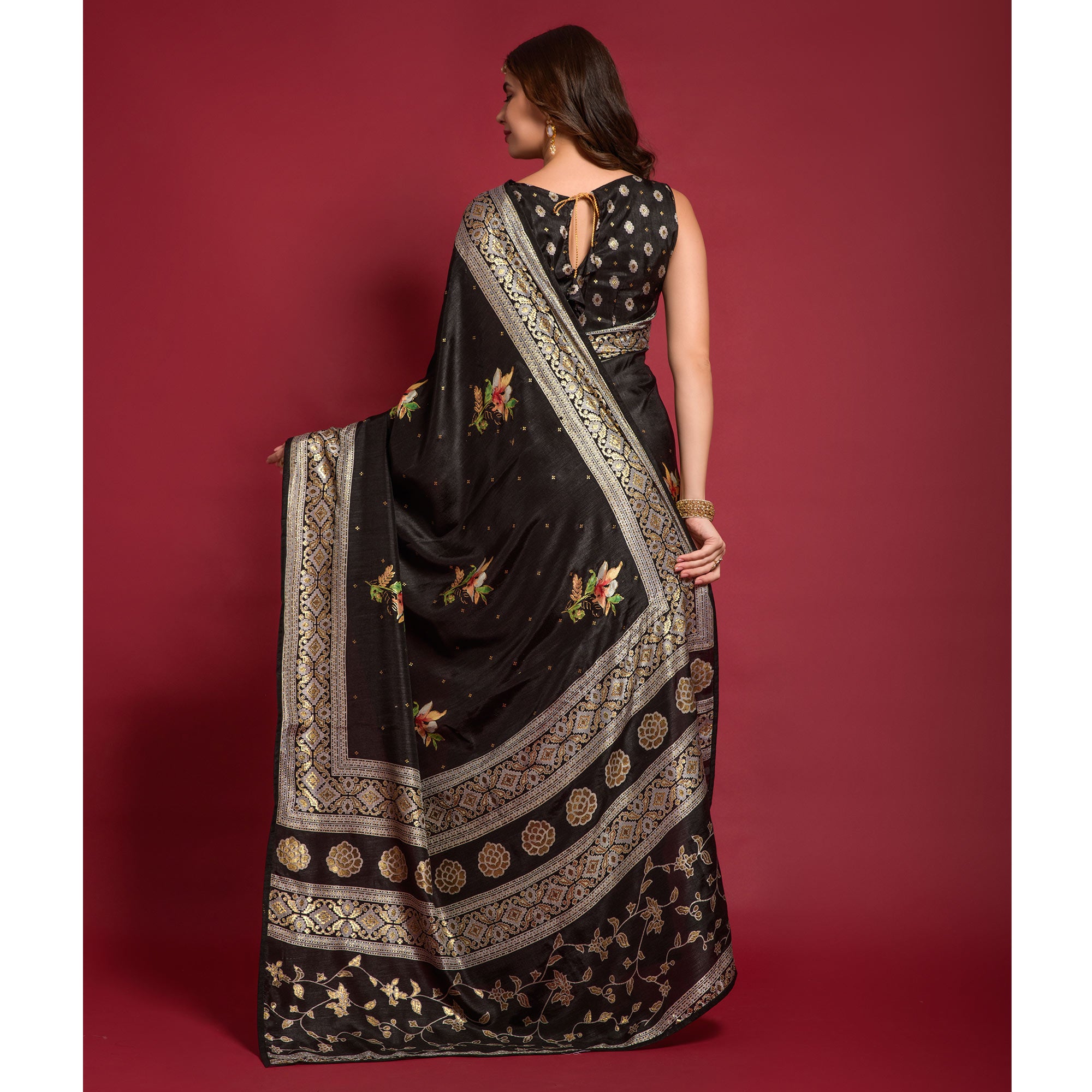 Black Floral Foil Printed Art Silk Saree