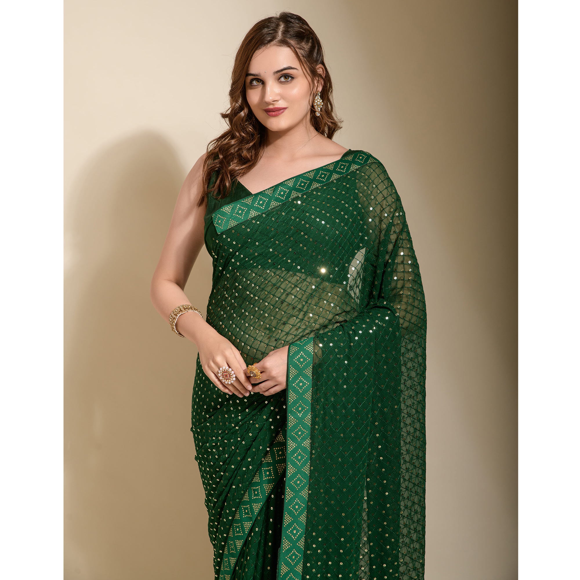 Green Sequins Embroidered Georgette Saree