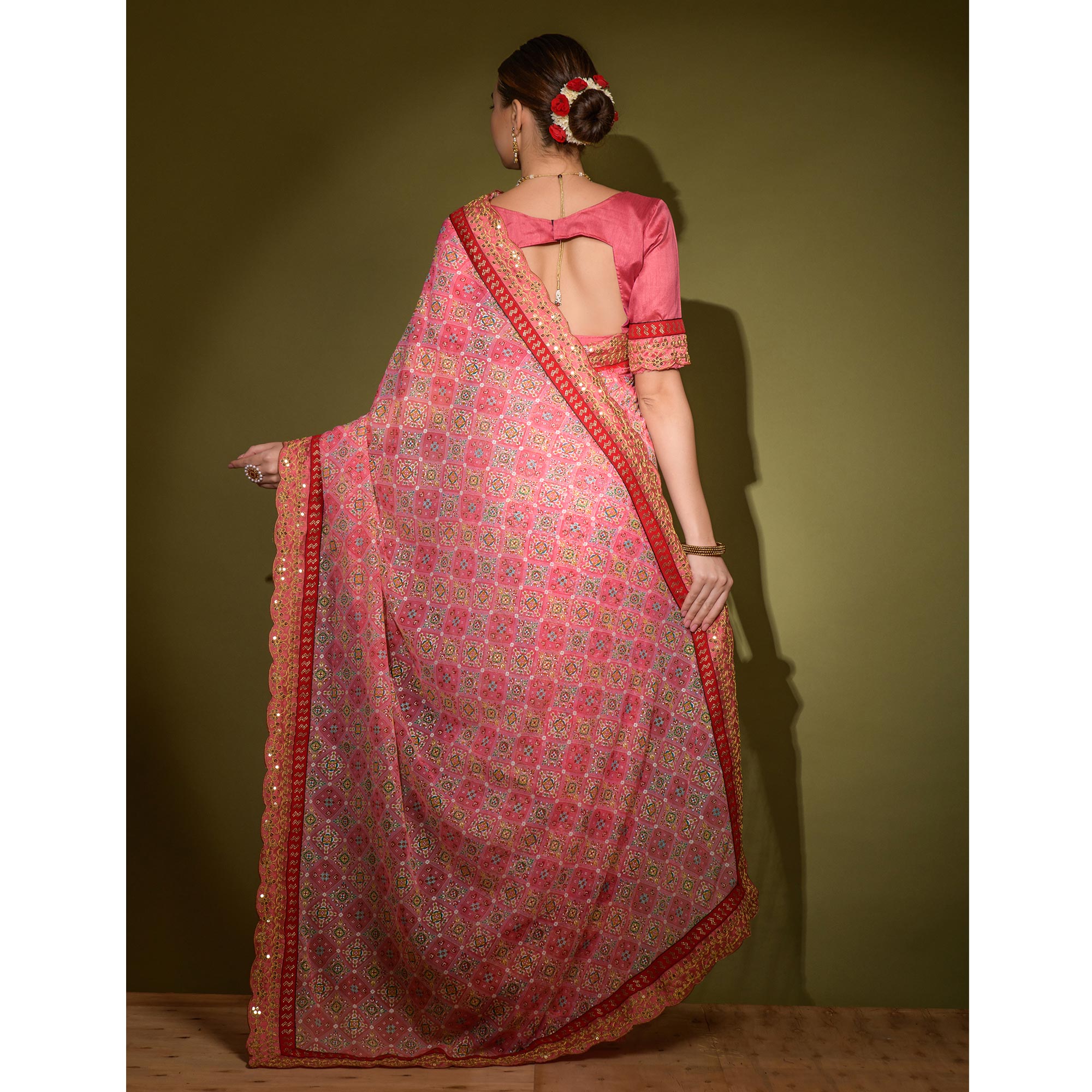 Pink Patola Foil Printed Georgette Saree with Embroidered Border