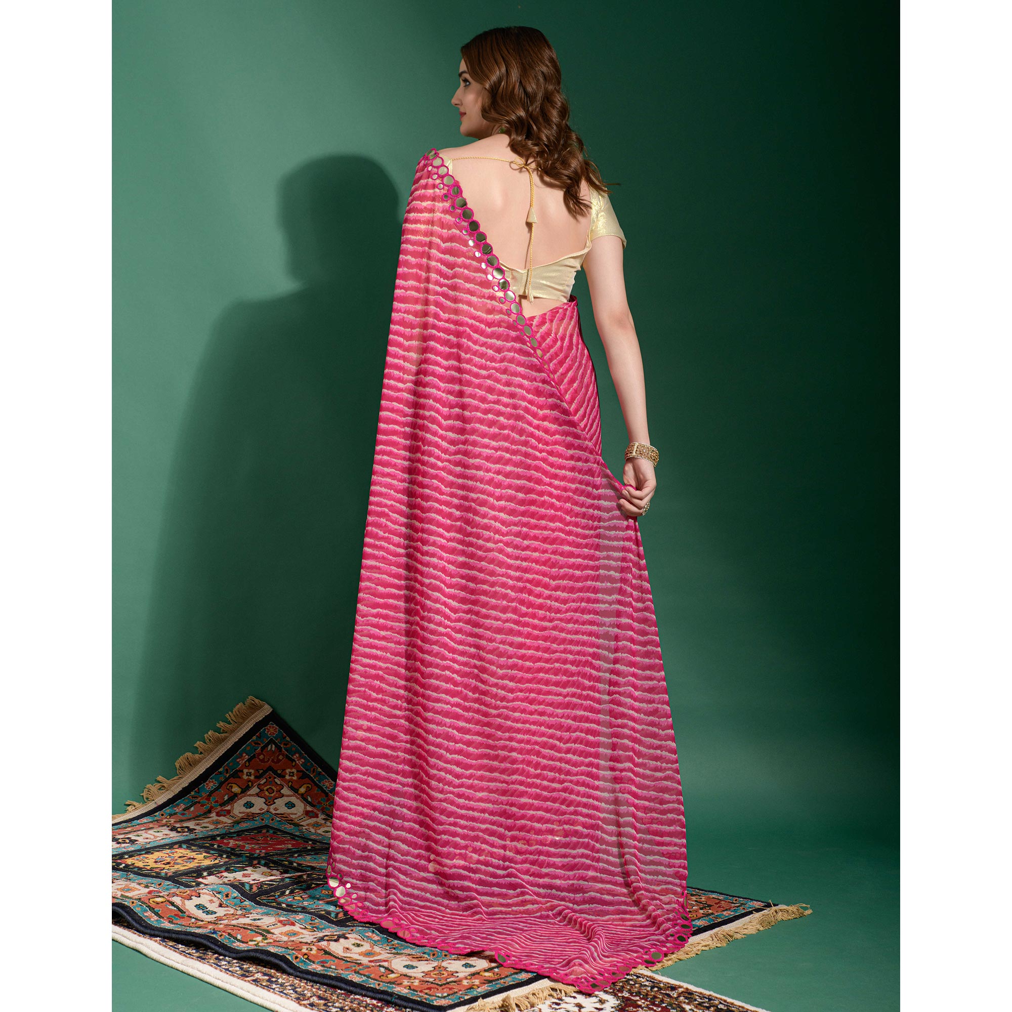 Pink Leheriya Printed With Embroidered Border Chiffon Saree