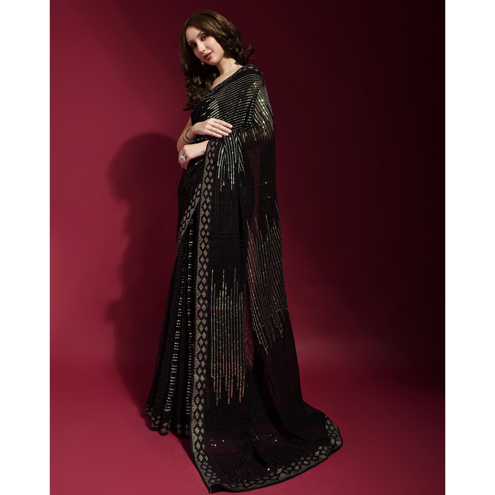 Black & Green Sequins Embroidered Georgette Saree
