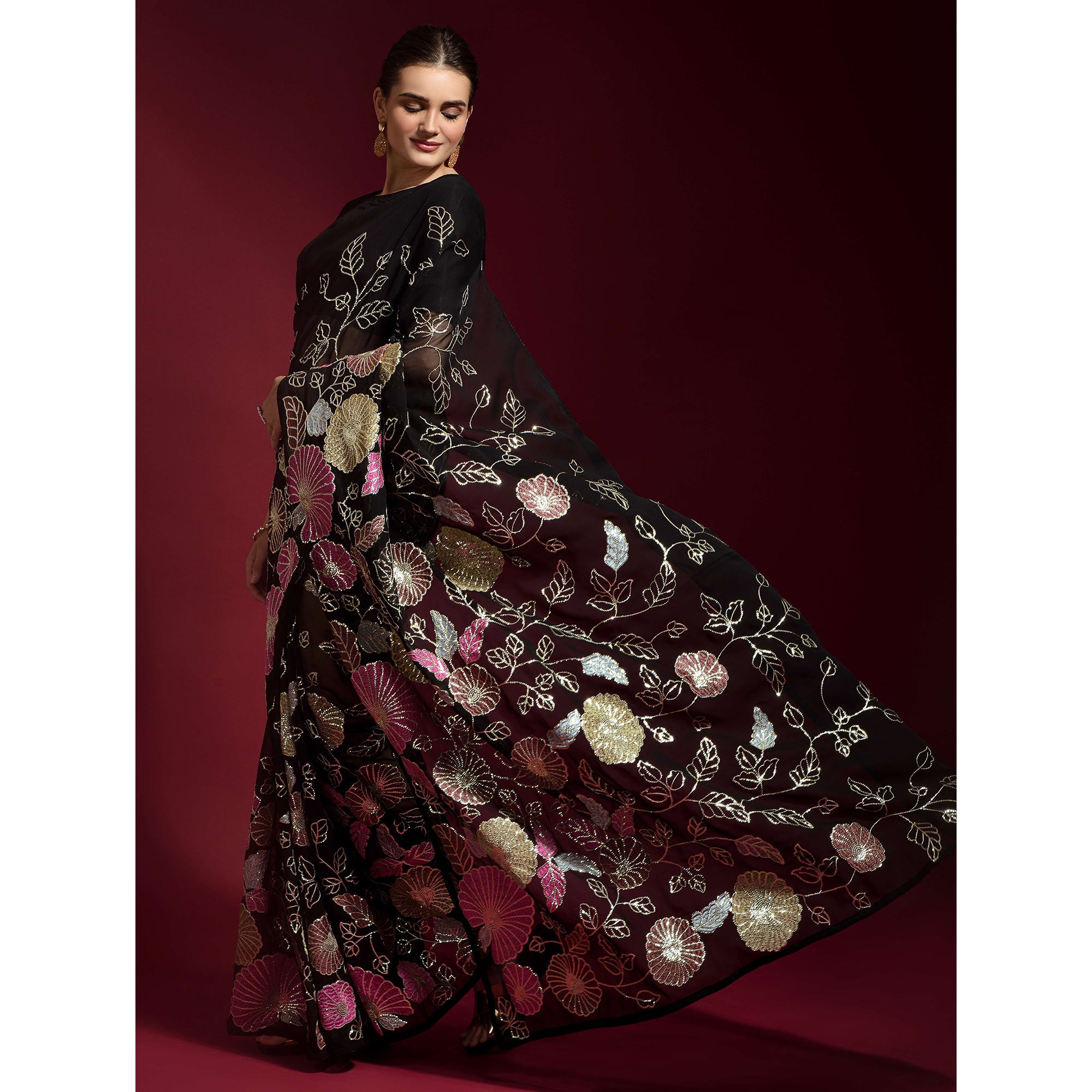 Black Floral Sequins Embroidered Georgette Saree