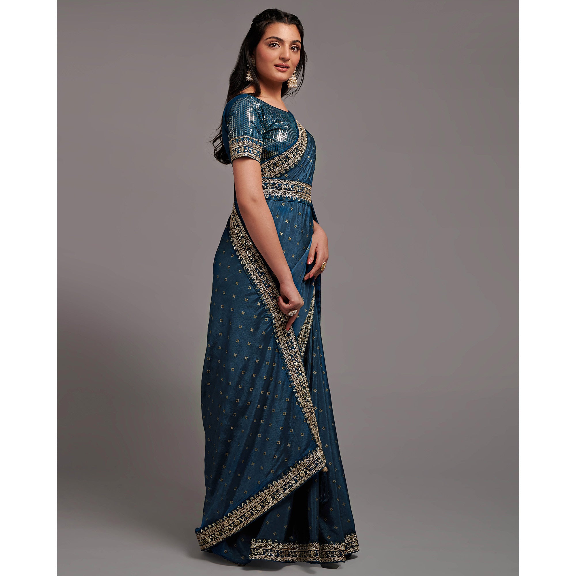 Blue Sequins Embroidered Border Chinon Saree