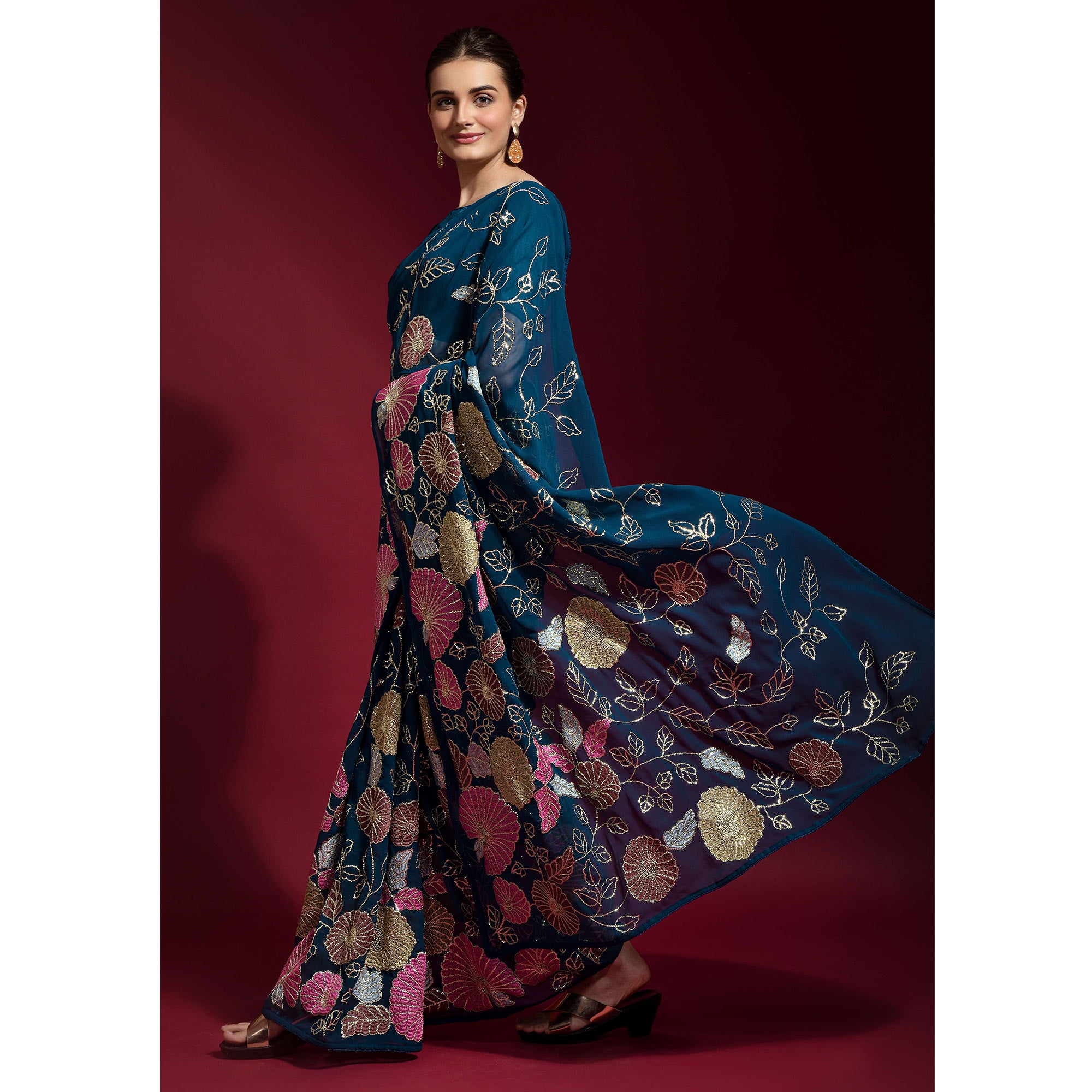 Blue Floral Sequins Embroidered Georgette Saree
