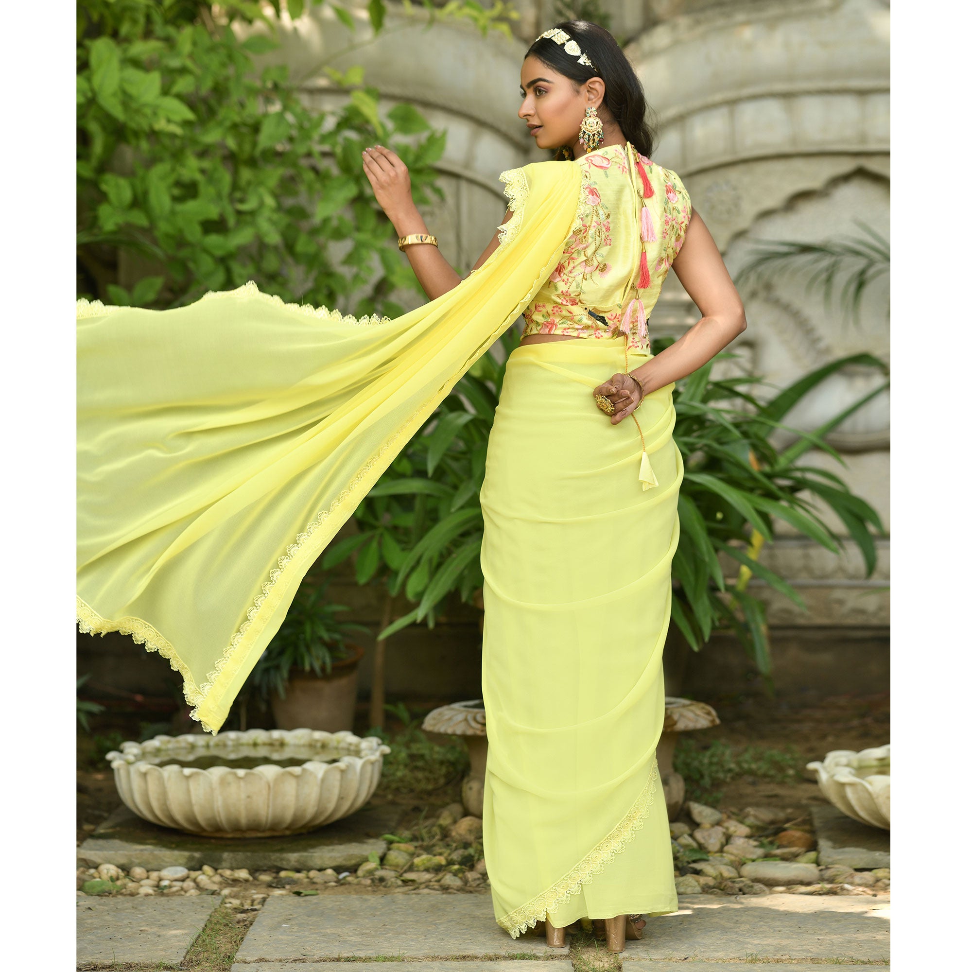 Yellow Solid Georgette Saree With Embroidered Blouse Piece
