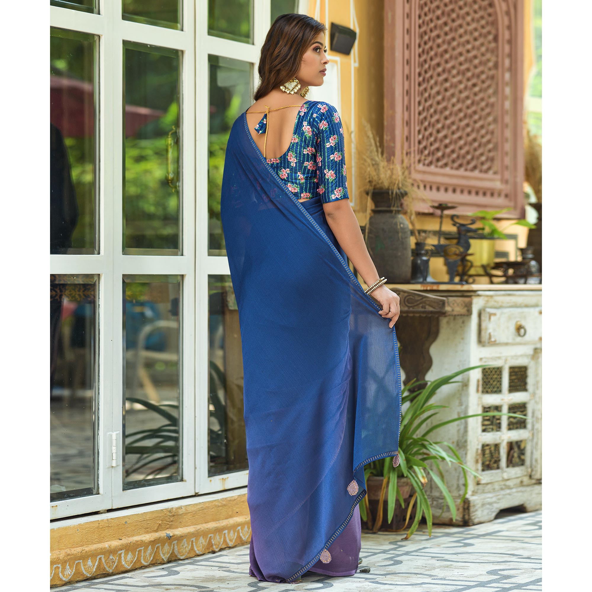 Blue & Purple Solid Chiffon Saree With Tassels
