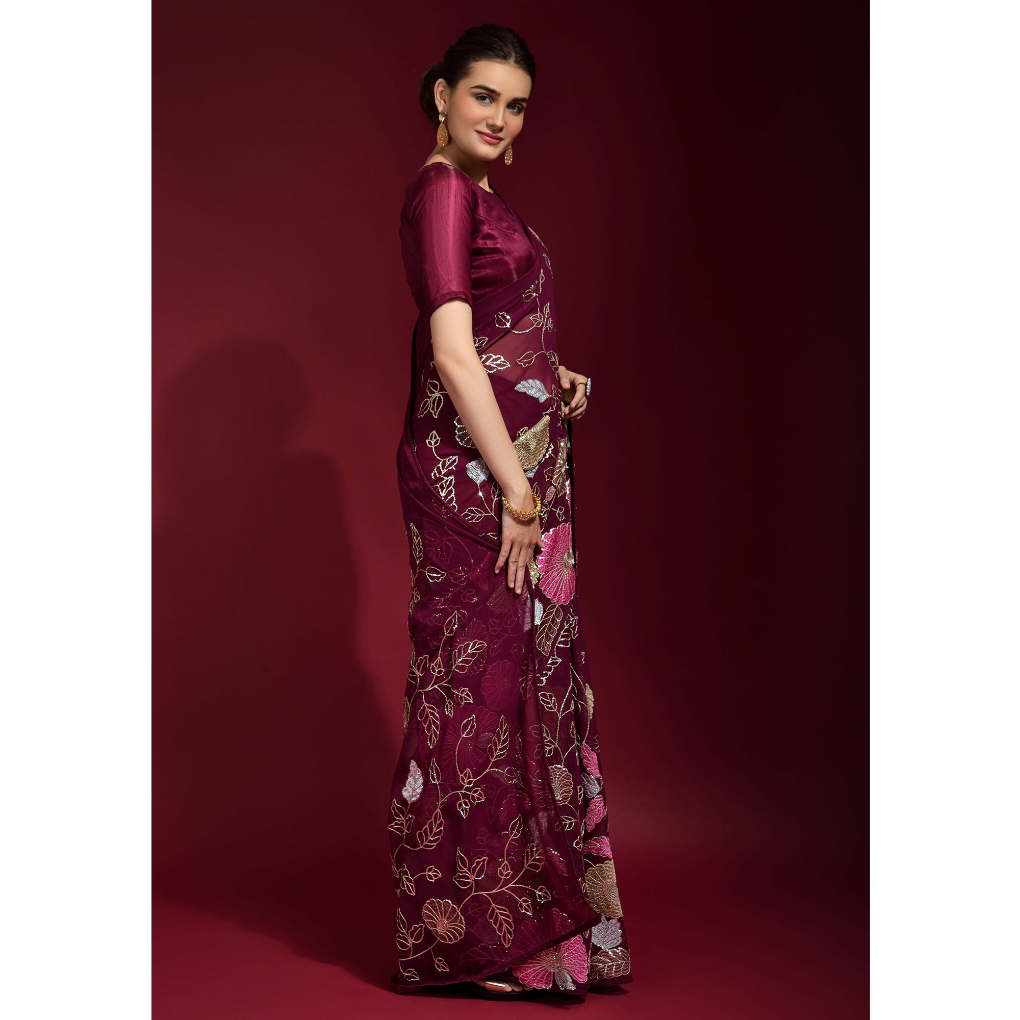 Wine Floral Sequins Embroidered Georgette Saree