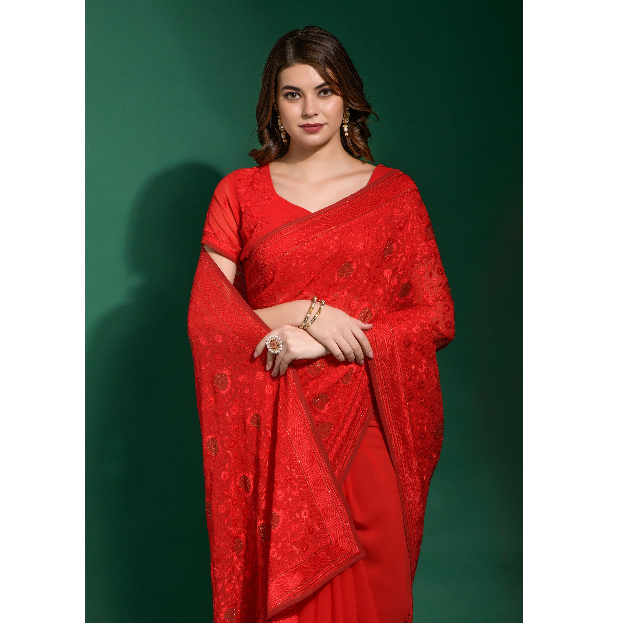 Red Floral Embroidered Georgette Saree