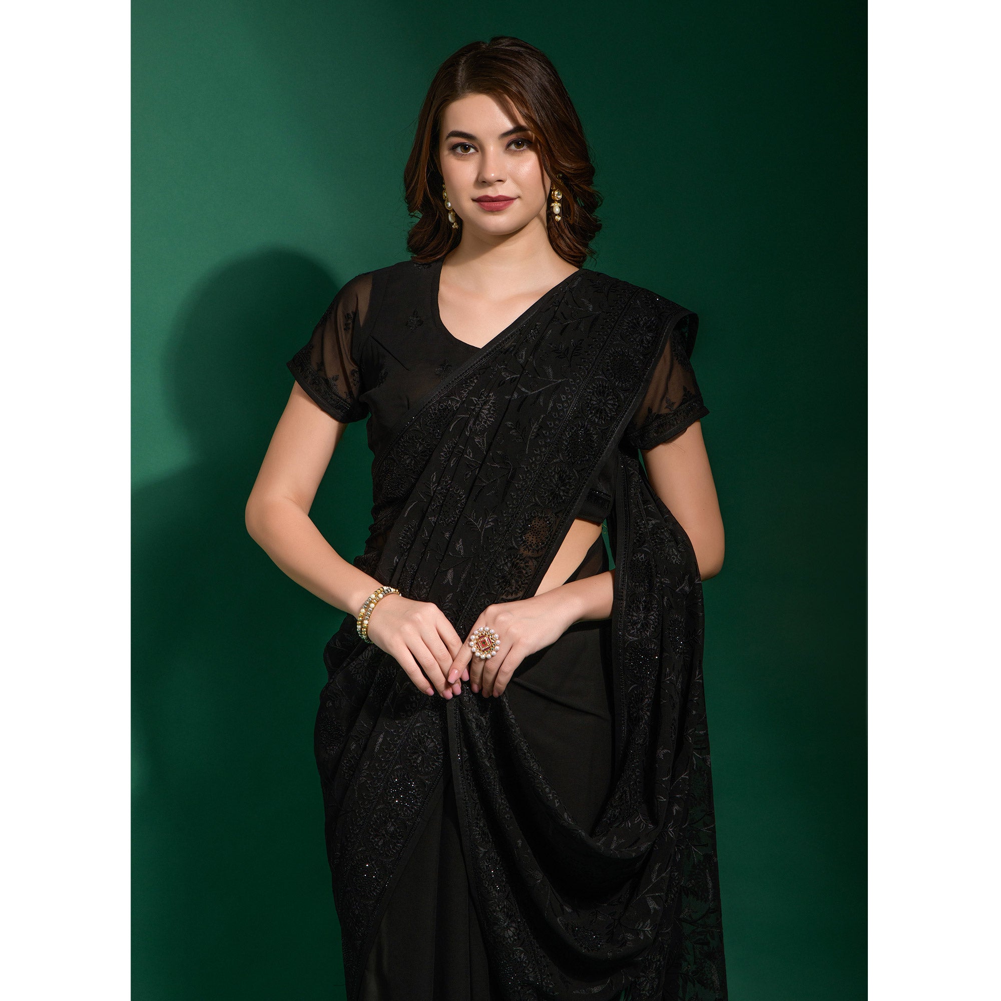 Black Floral Embroidered Georgette Saree