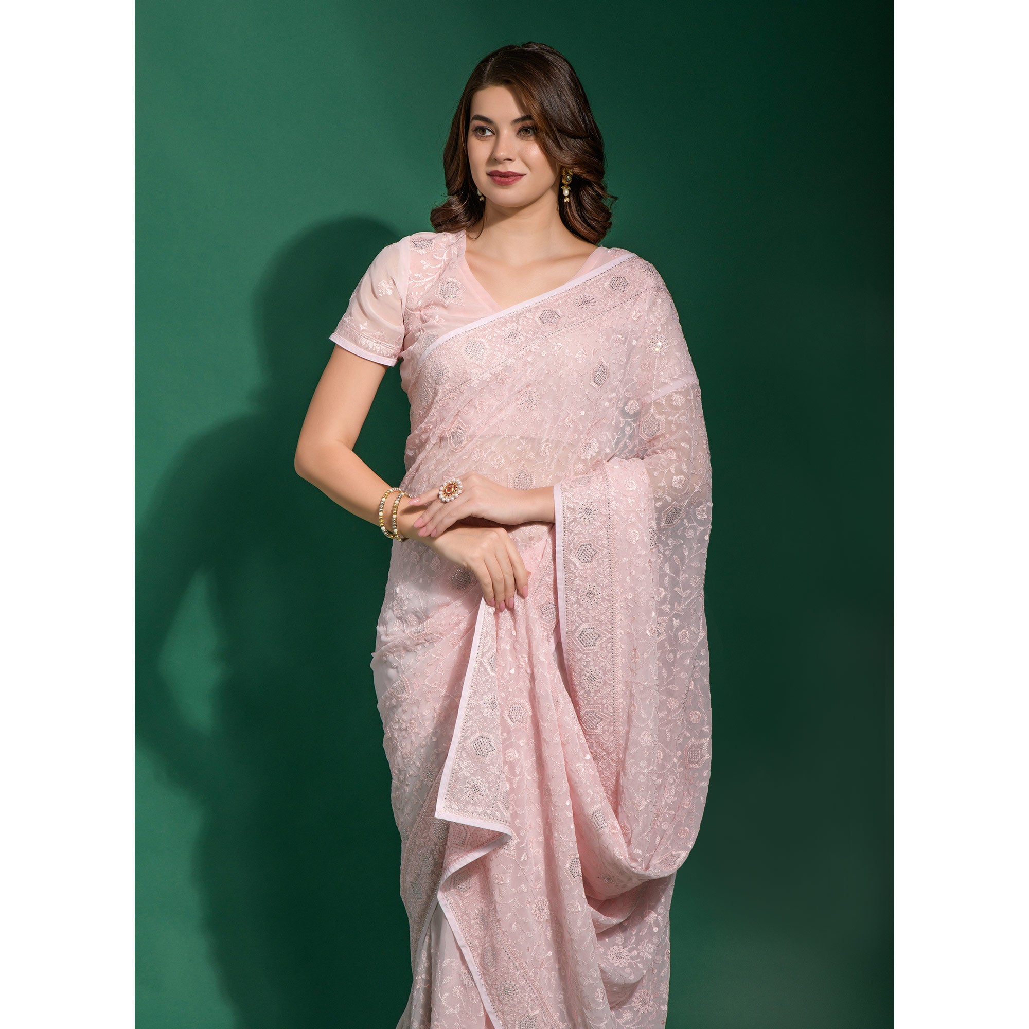Baby Pink Floral Embroidered Georgette Saree