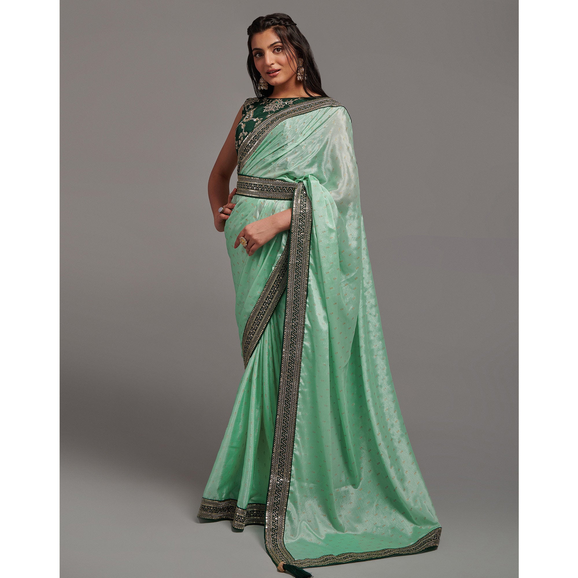 Green Foil Printed With Embroidered Border Chinon Saree