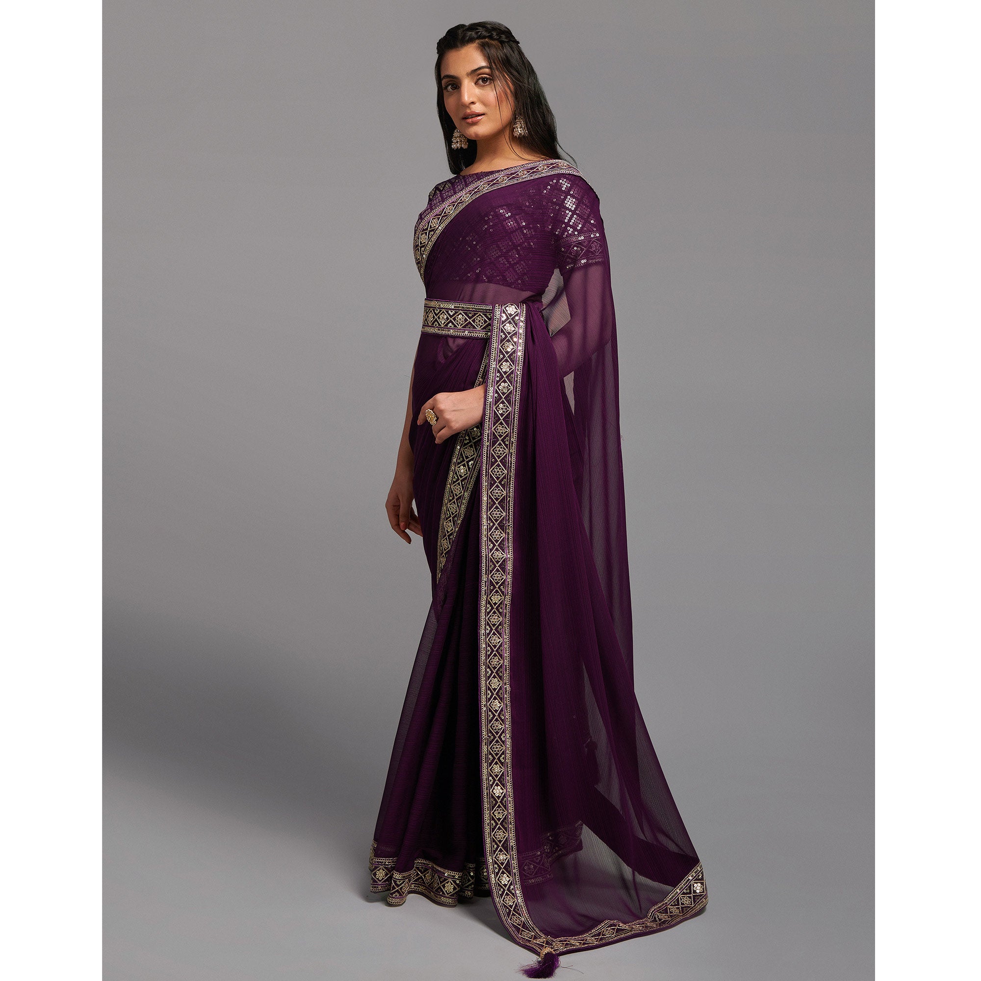 Wine Sequins Embroidered Border Chinon Saree