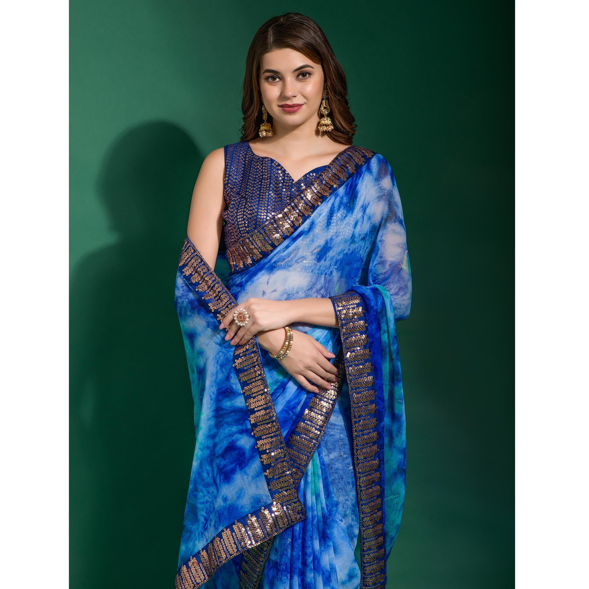 Blue Printed With Sequins Border Chiffon Saree