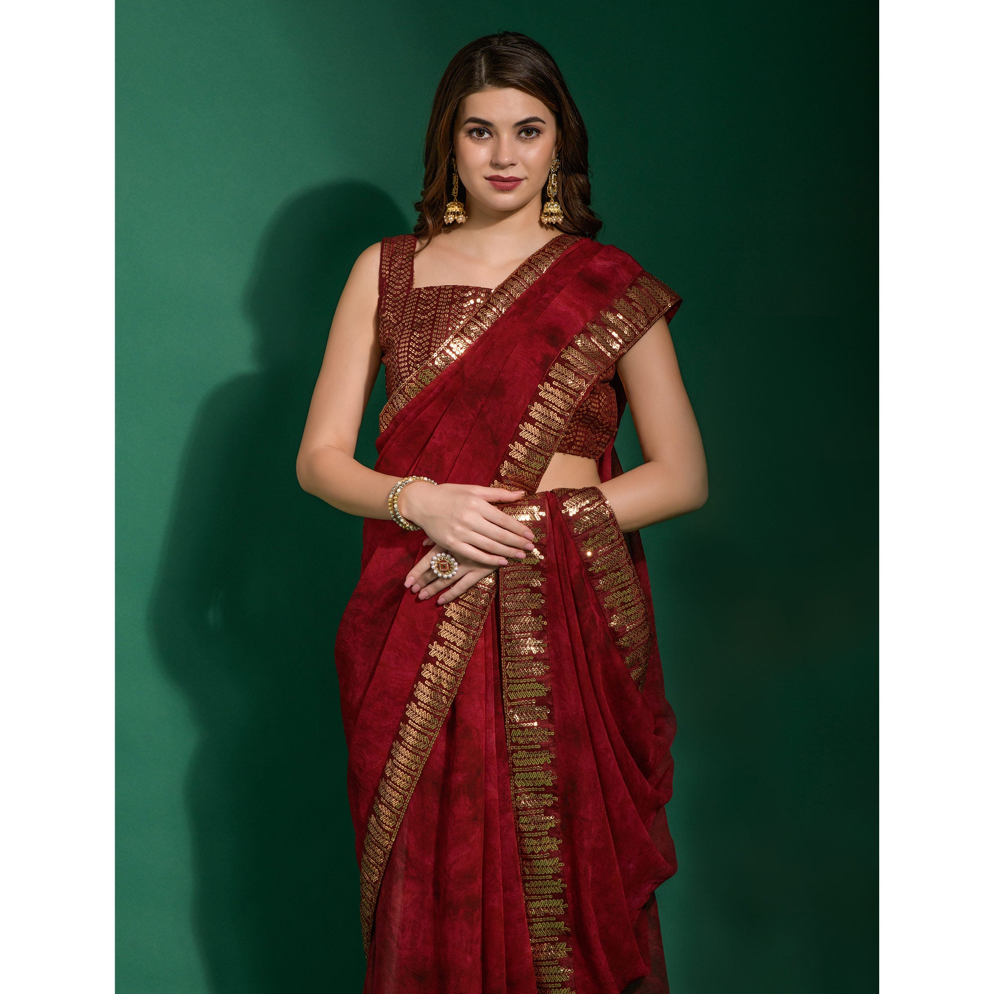 Maroon Printed With Sequins Border Chiffon Saree