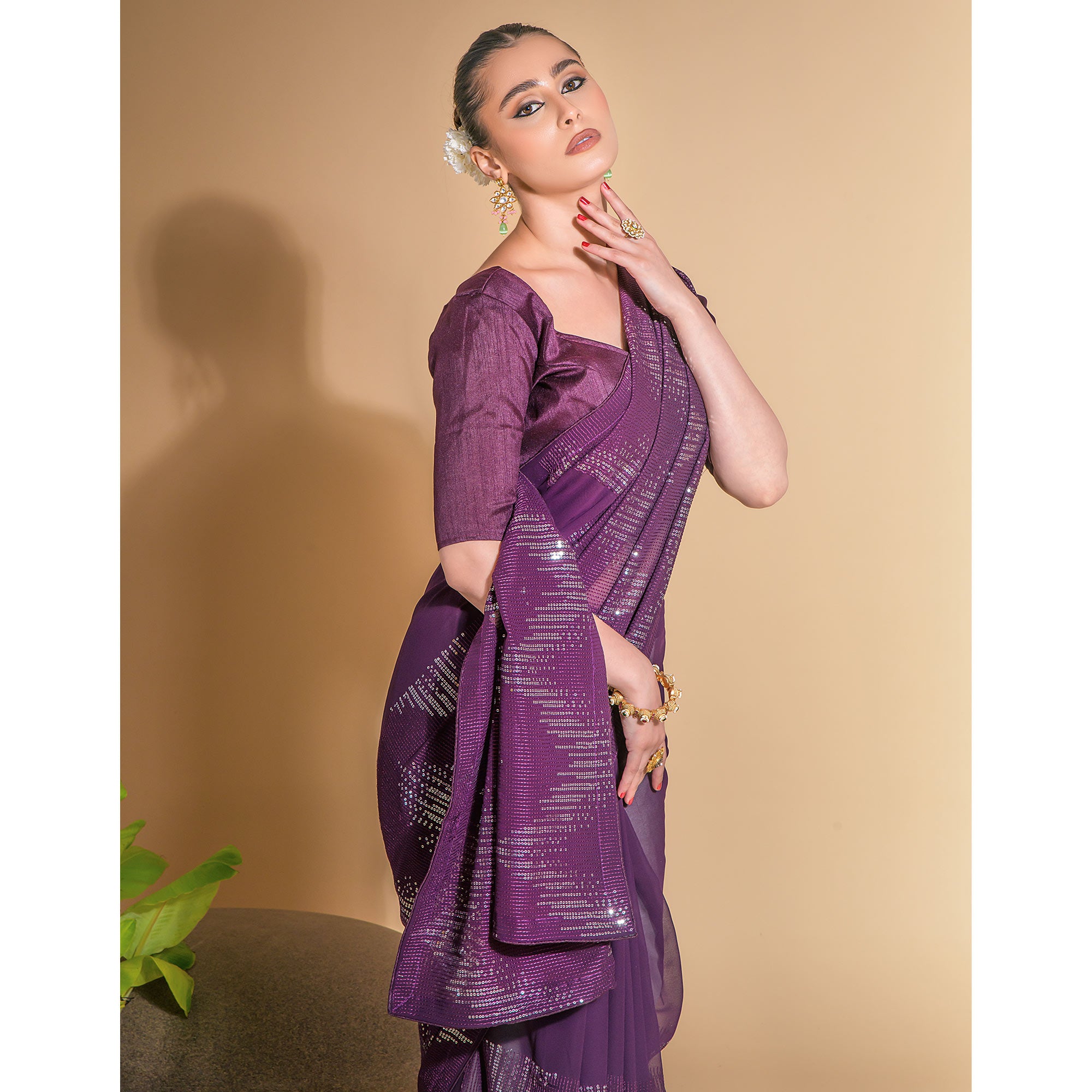 Wine Sequins Embroidered Georgette Saree