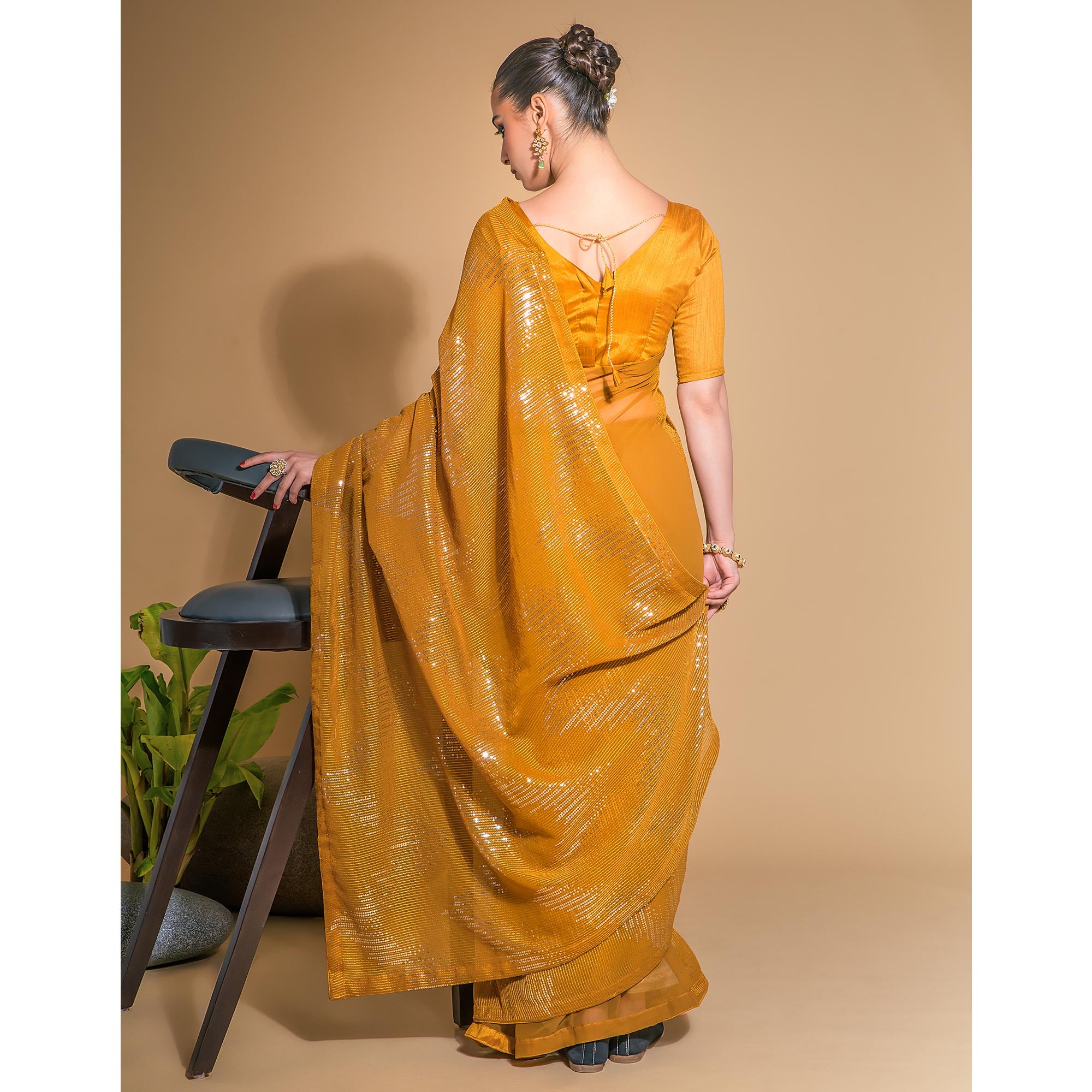 Mustard Sequins Embroidered Georgette Saree