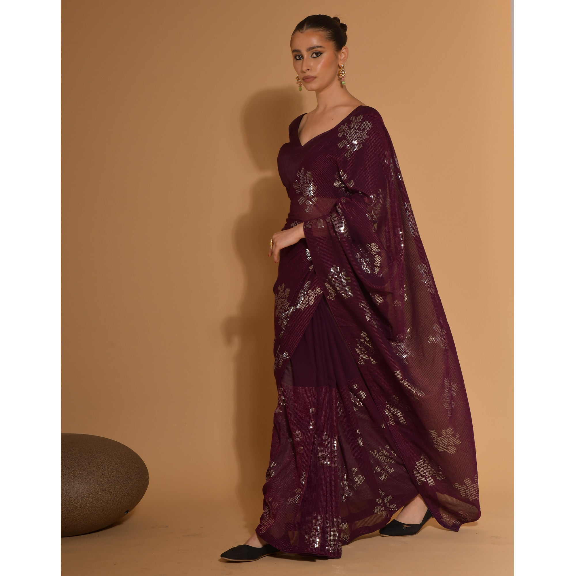 Wine Sequins Embroidered Georgette Saree