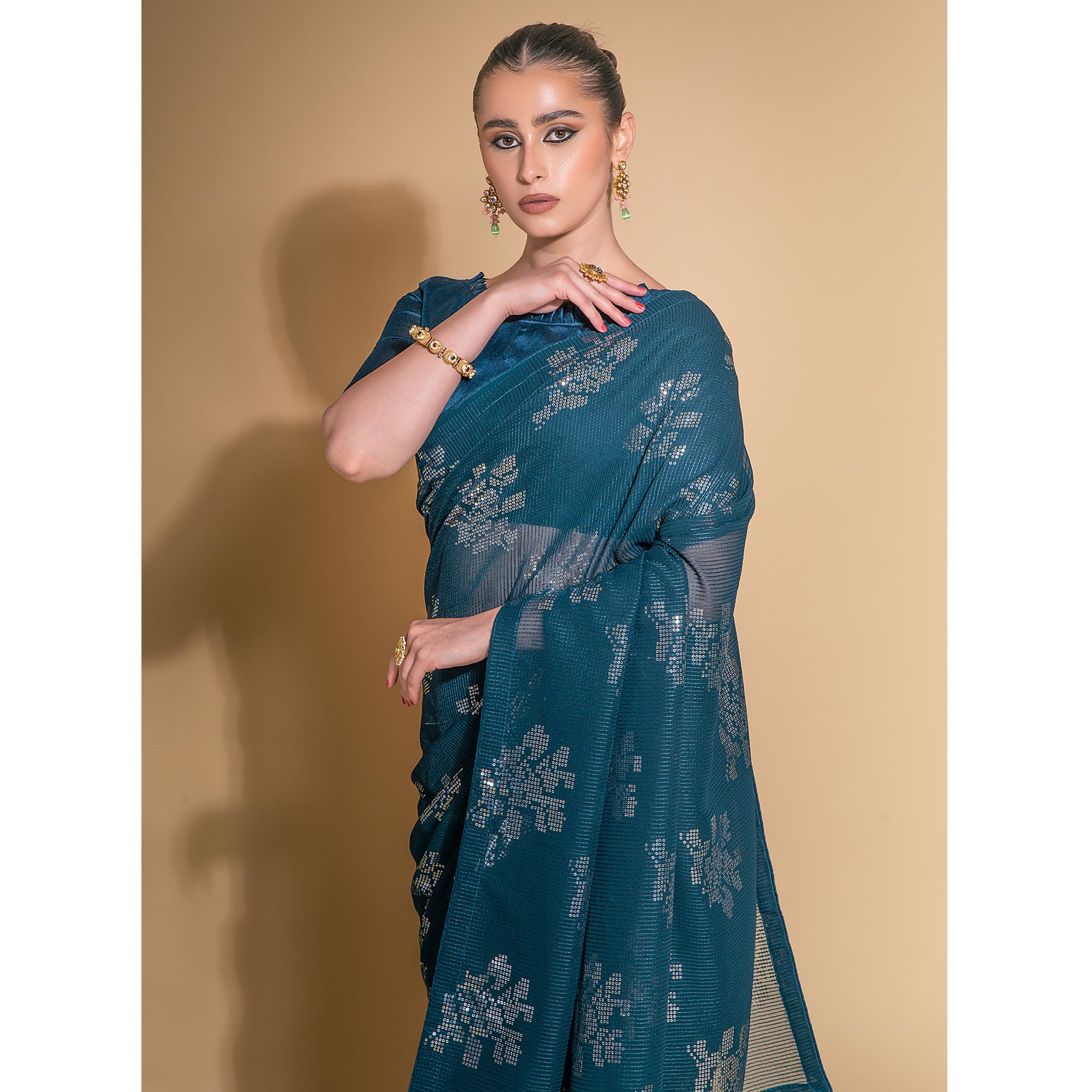 Blue Sequins Embroidered Georgette Saree
