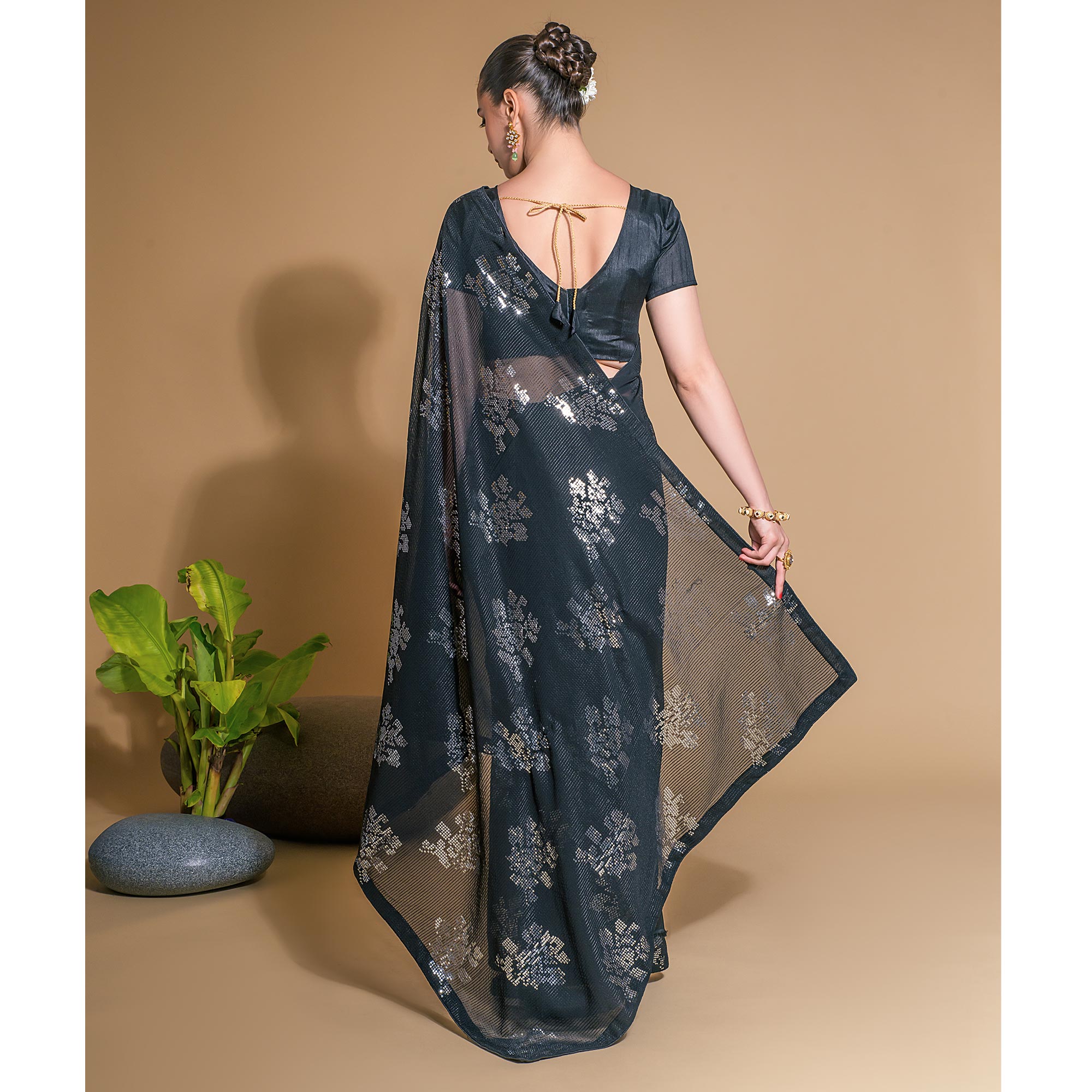 Black Sequins Embroidered Georgette Saree