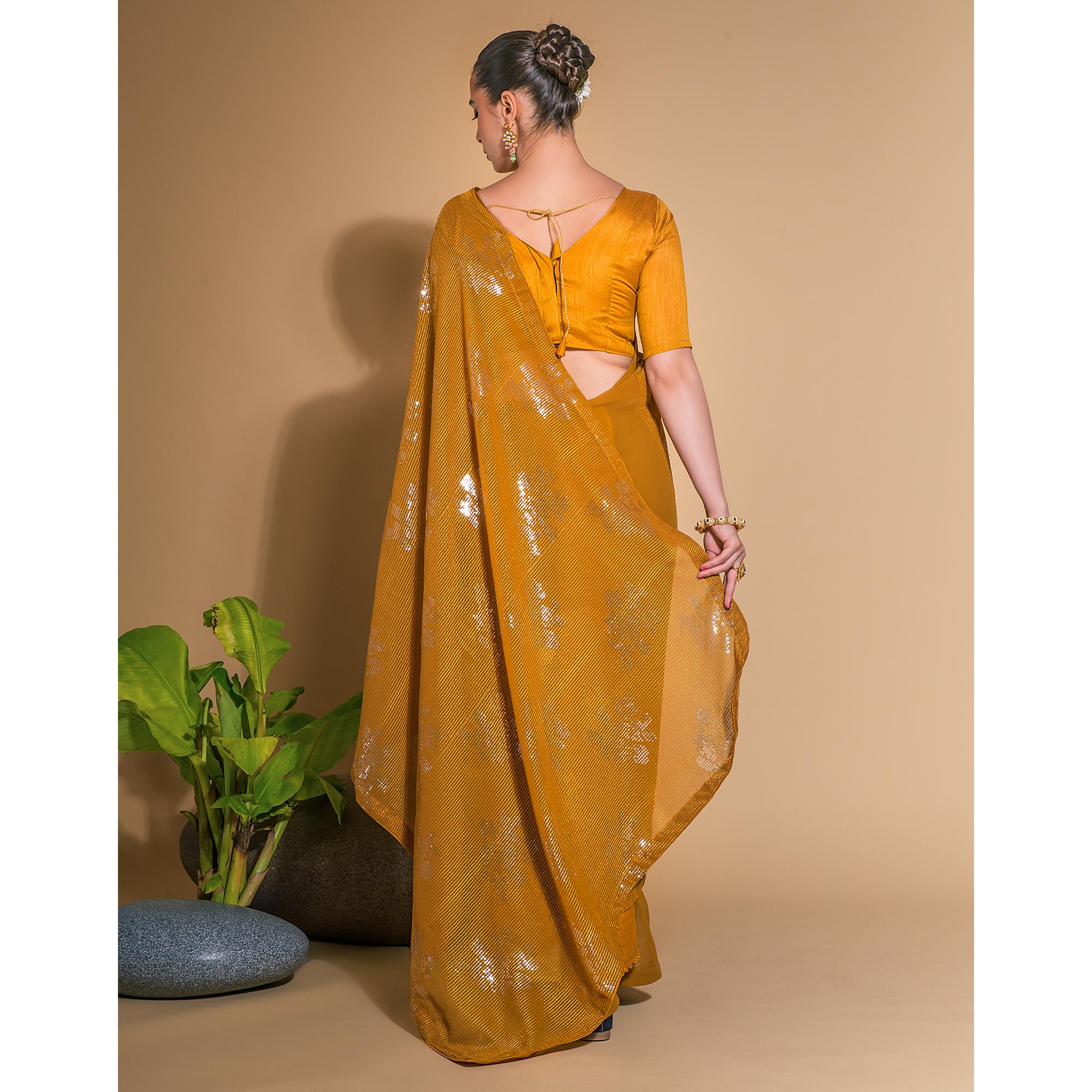 Mustard Sequins Embroidered Georgette Saree