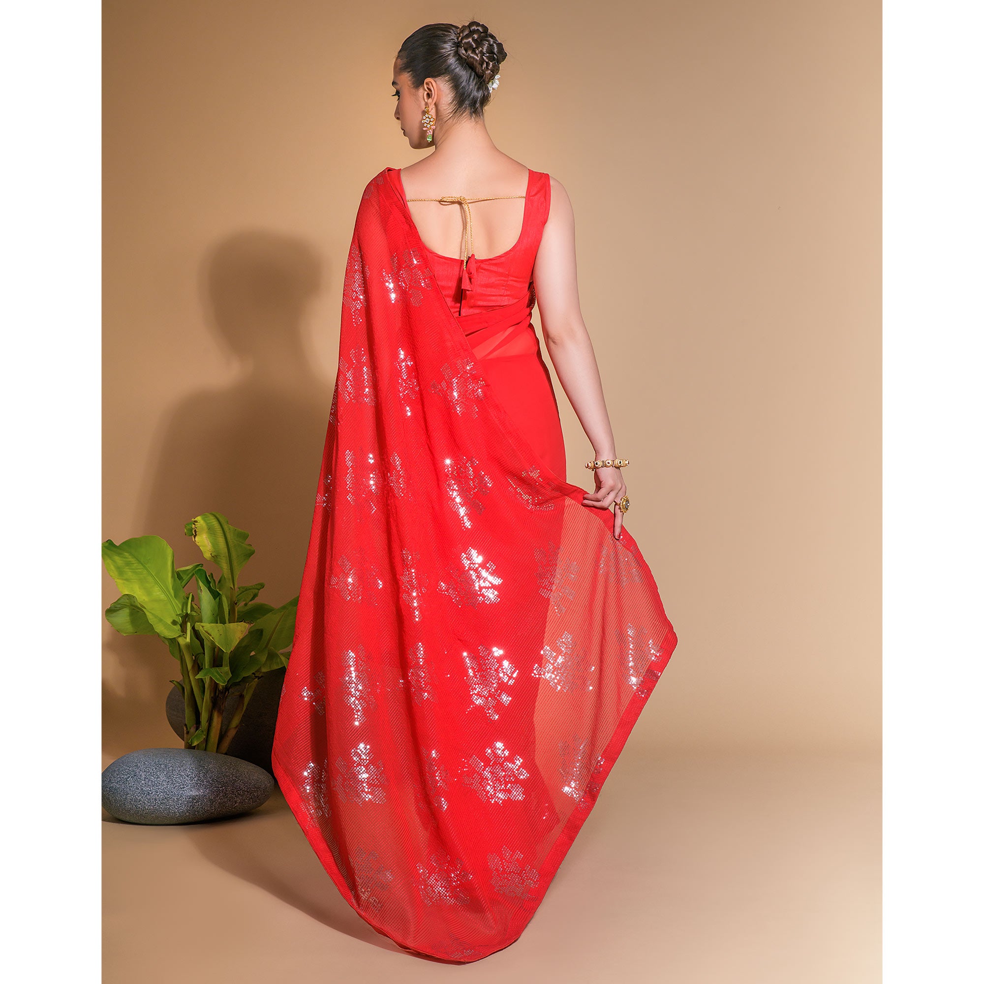 Red Sequins Embroidered Georgette Saree