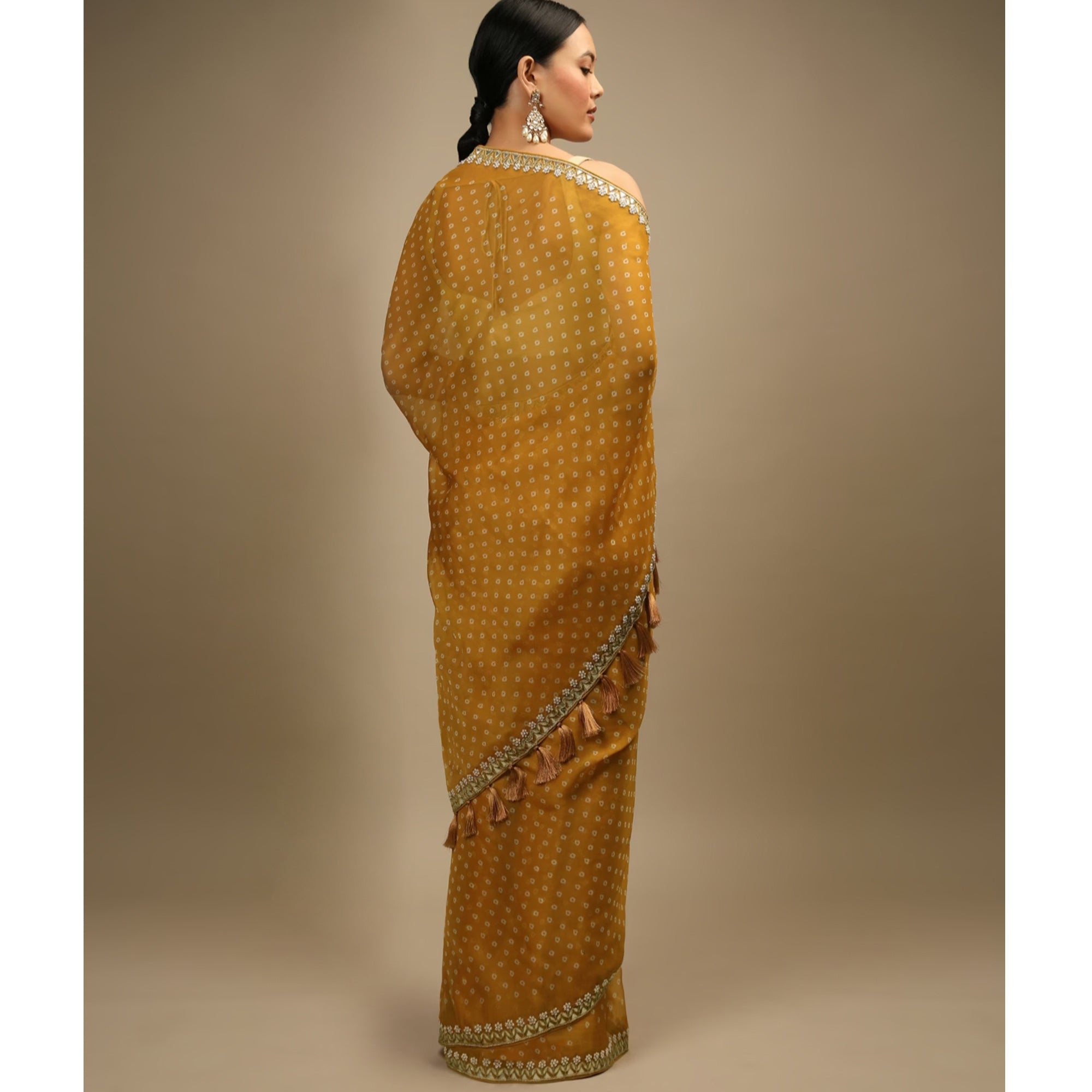 Mustard Bandhani Printed Chinon Saree