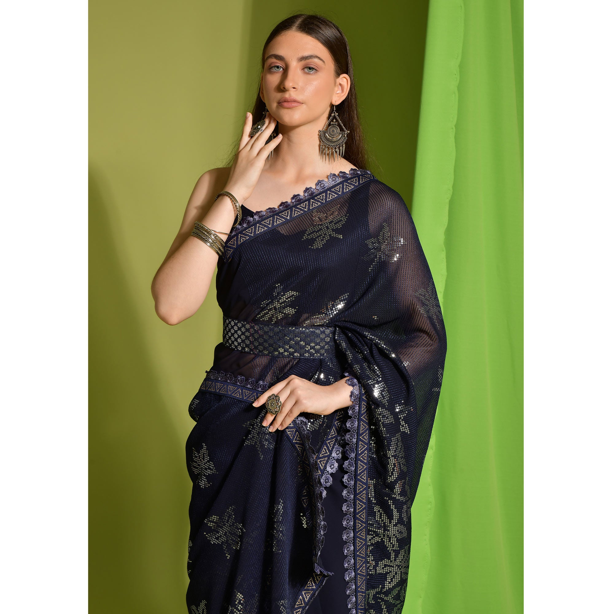 Navy Blue Sequins Embroidered Georgette Saree