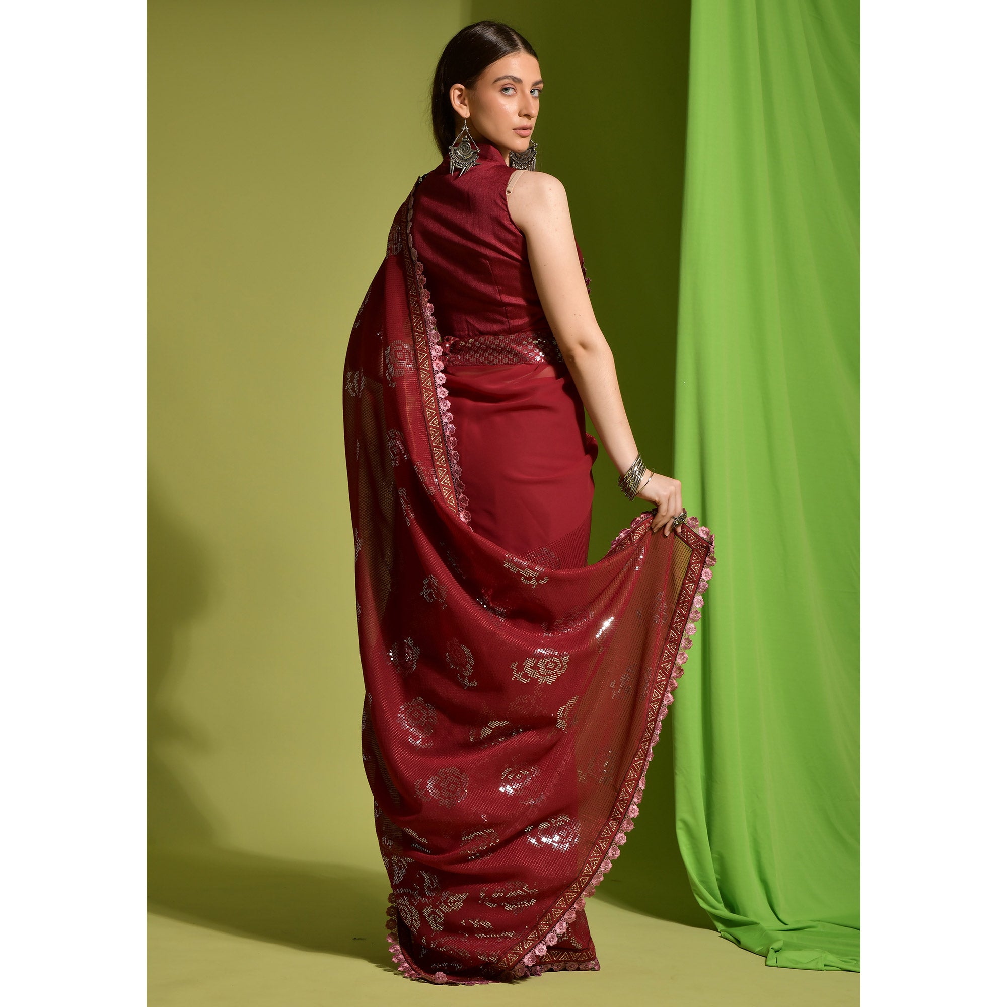 Red Sequins Embroidered Georgette Saree