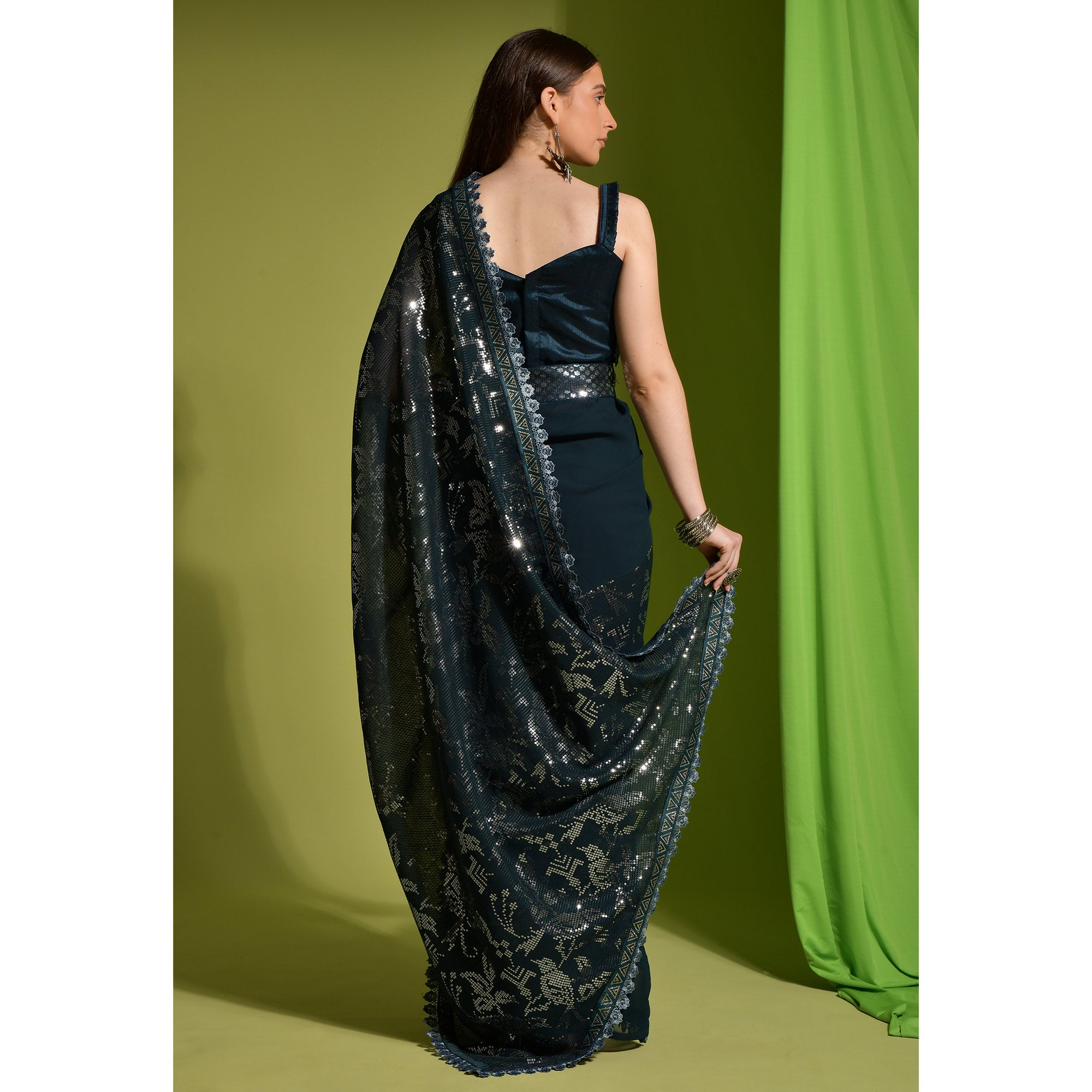 Green Sequins Embroidered Georgette Saree