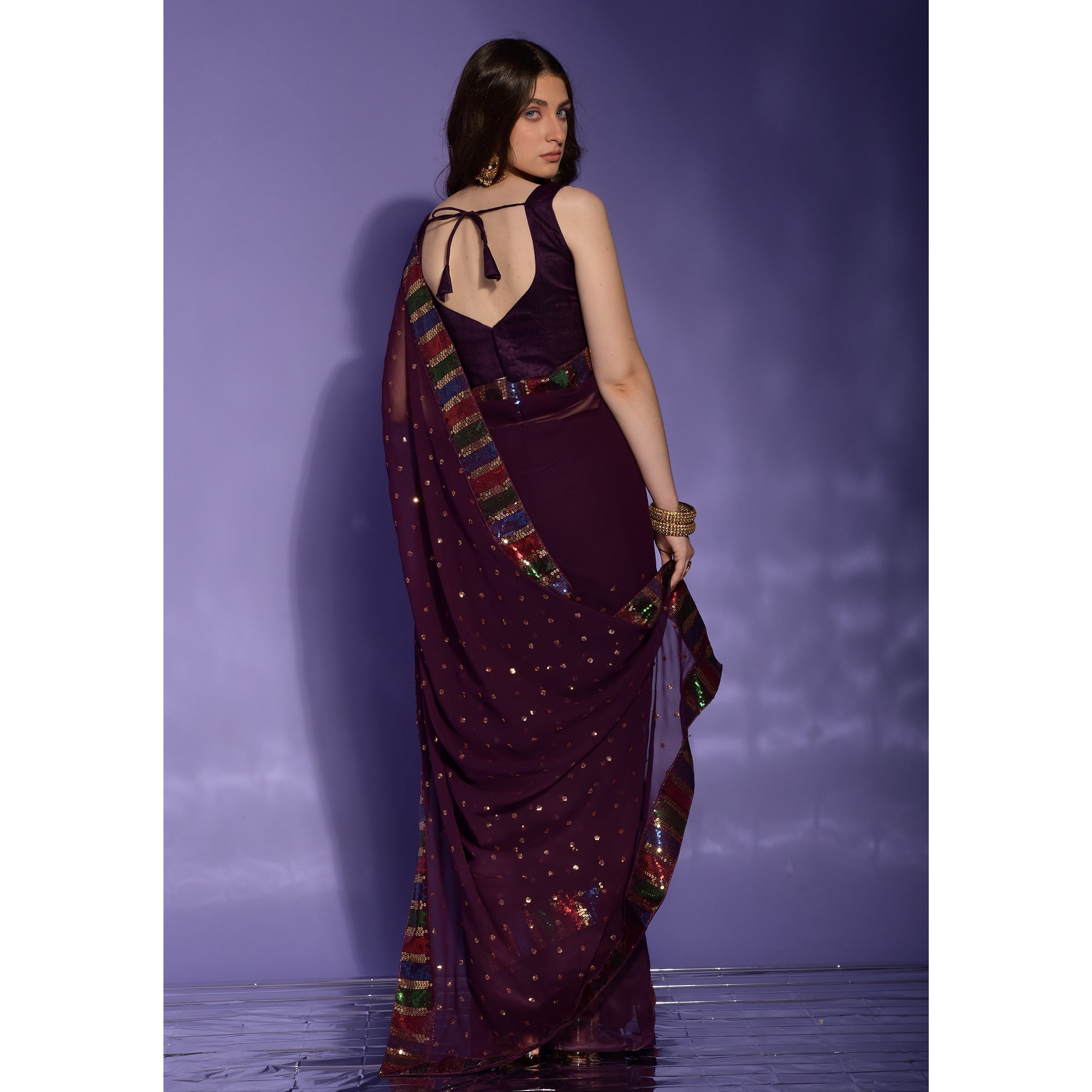Wine Sequins Embroidered Georgette Saree