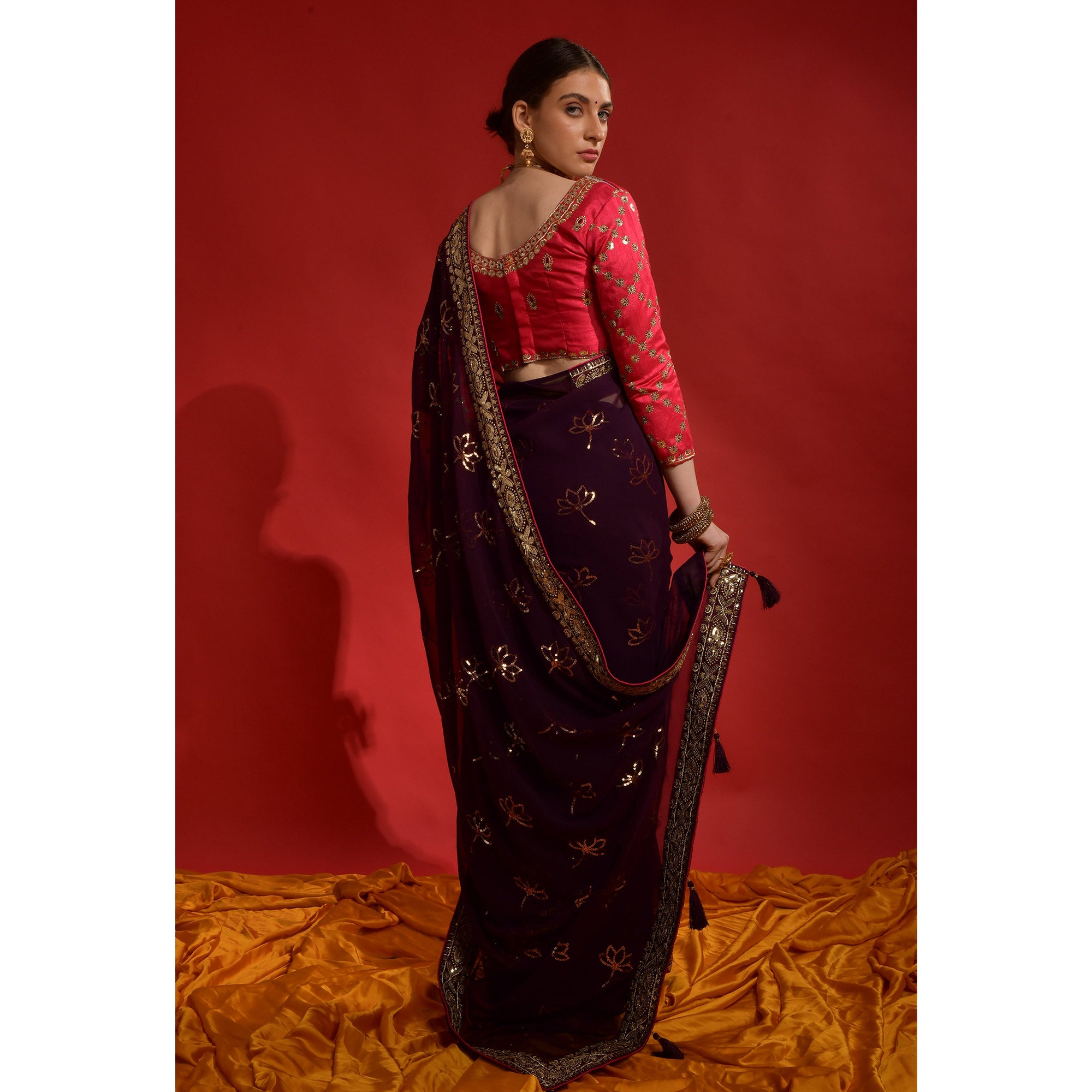 Wine Floral Sequins Embroidered Georgette Saree