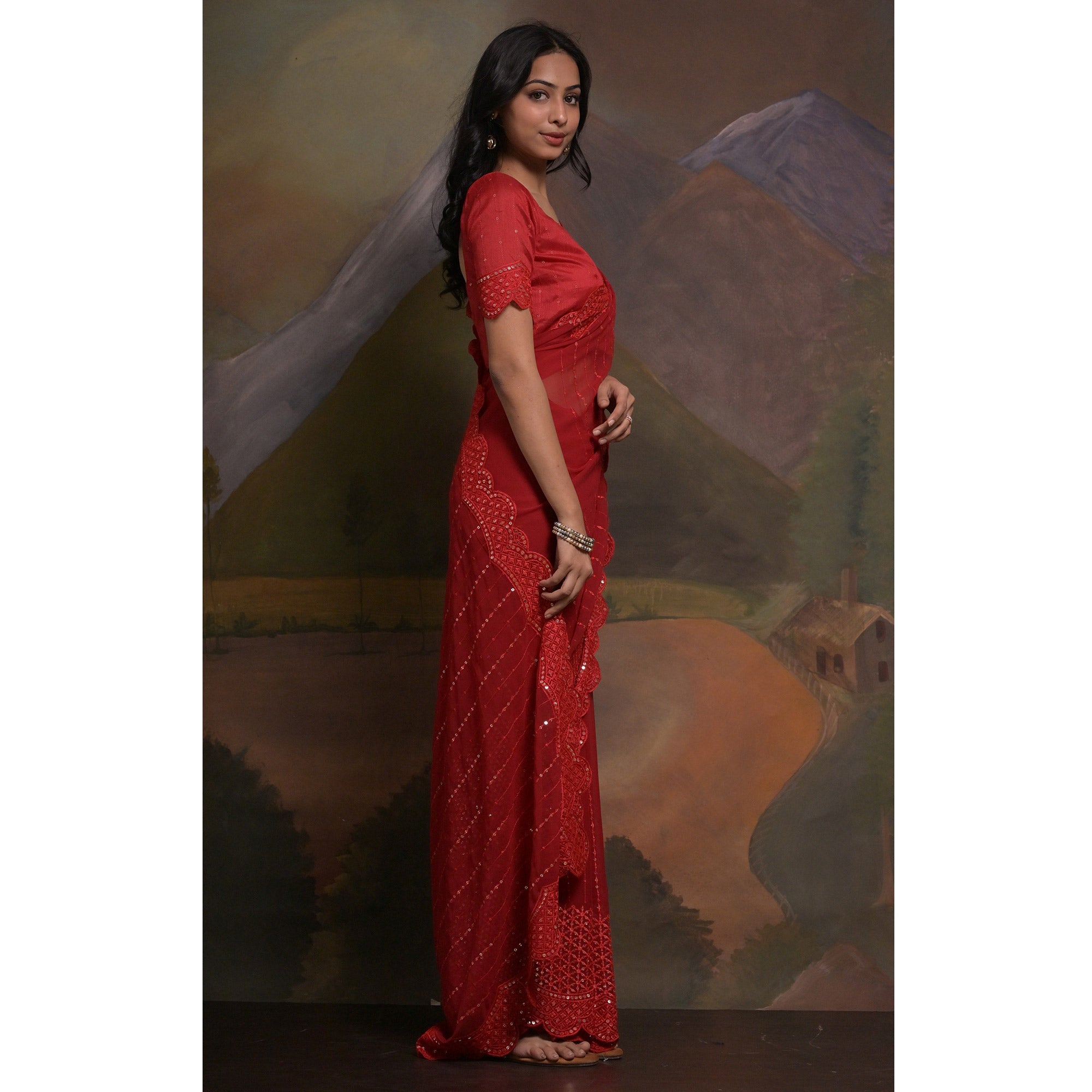 Red Sequins Embroidered Georgette Saree