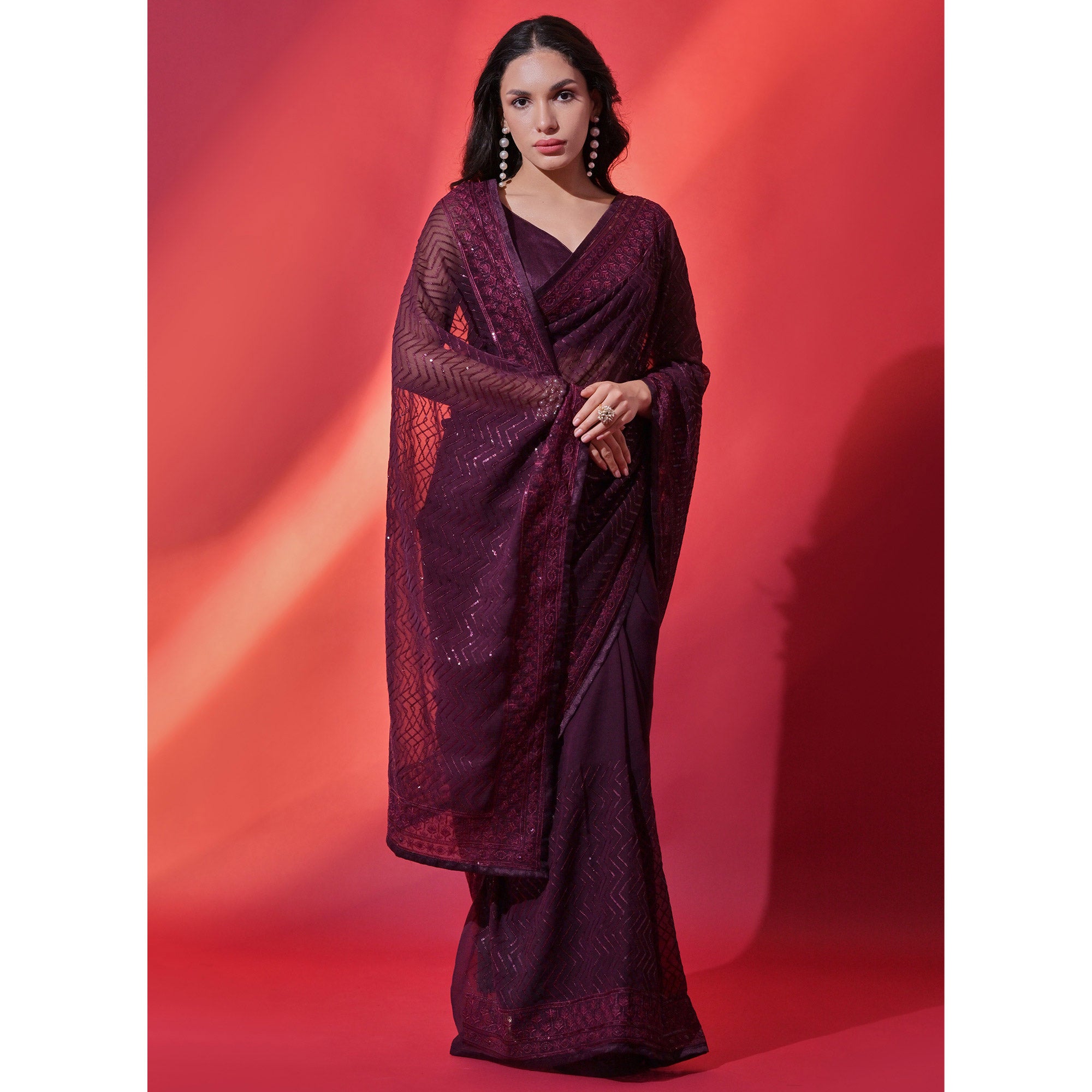 Wine Sequins Embroidered Georgette Saree