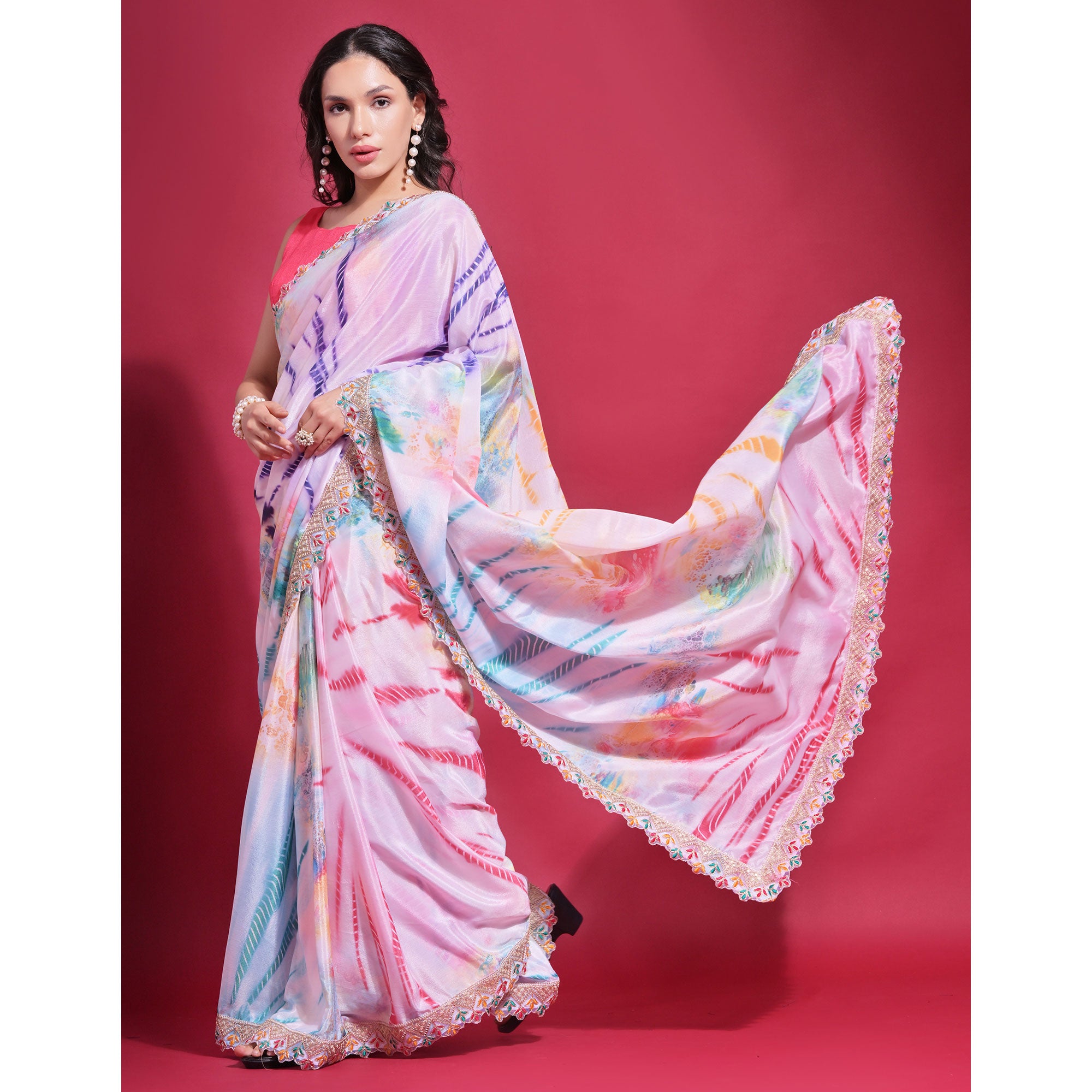 Pink Digital Printed Chinon Saree With Coding Border