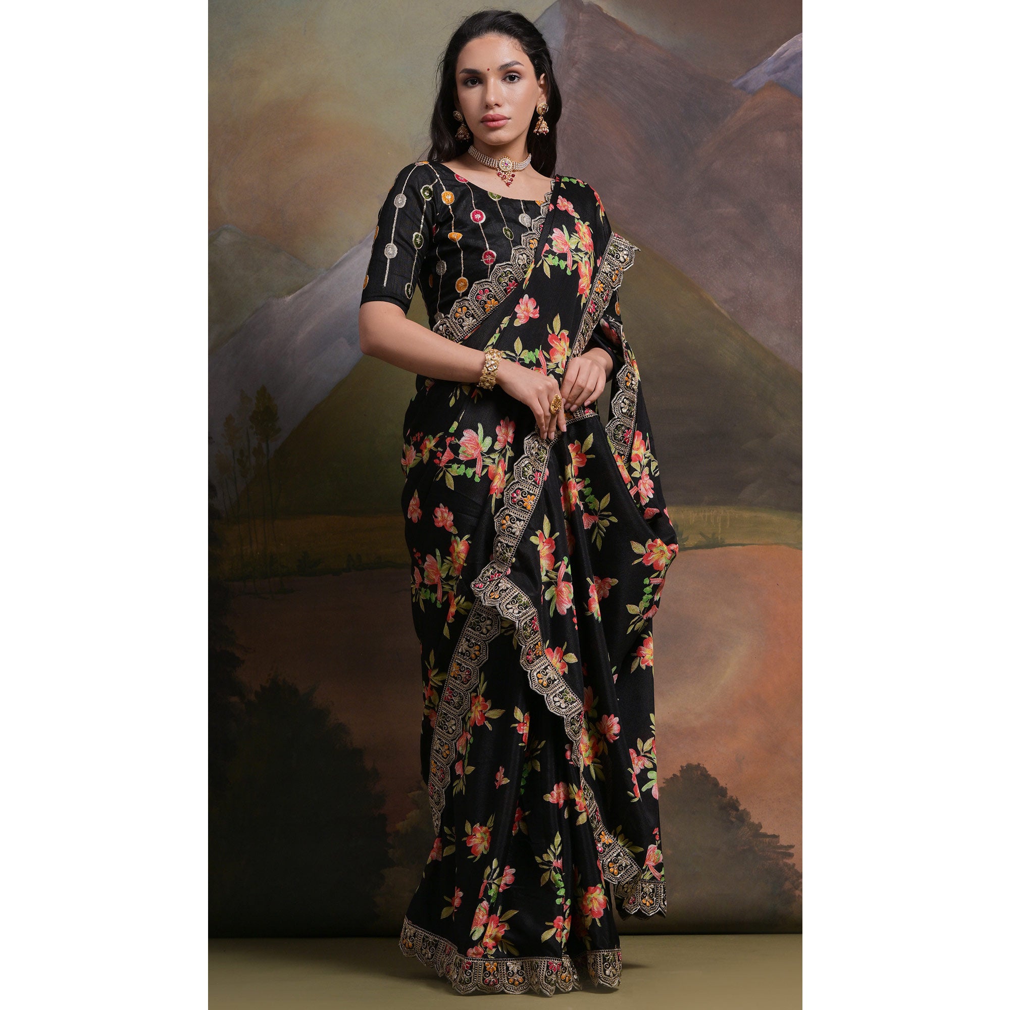 Black Floral Printed Chinon Saree With Embroidered Border