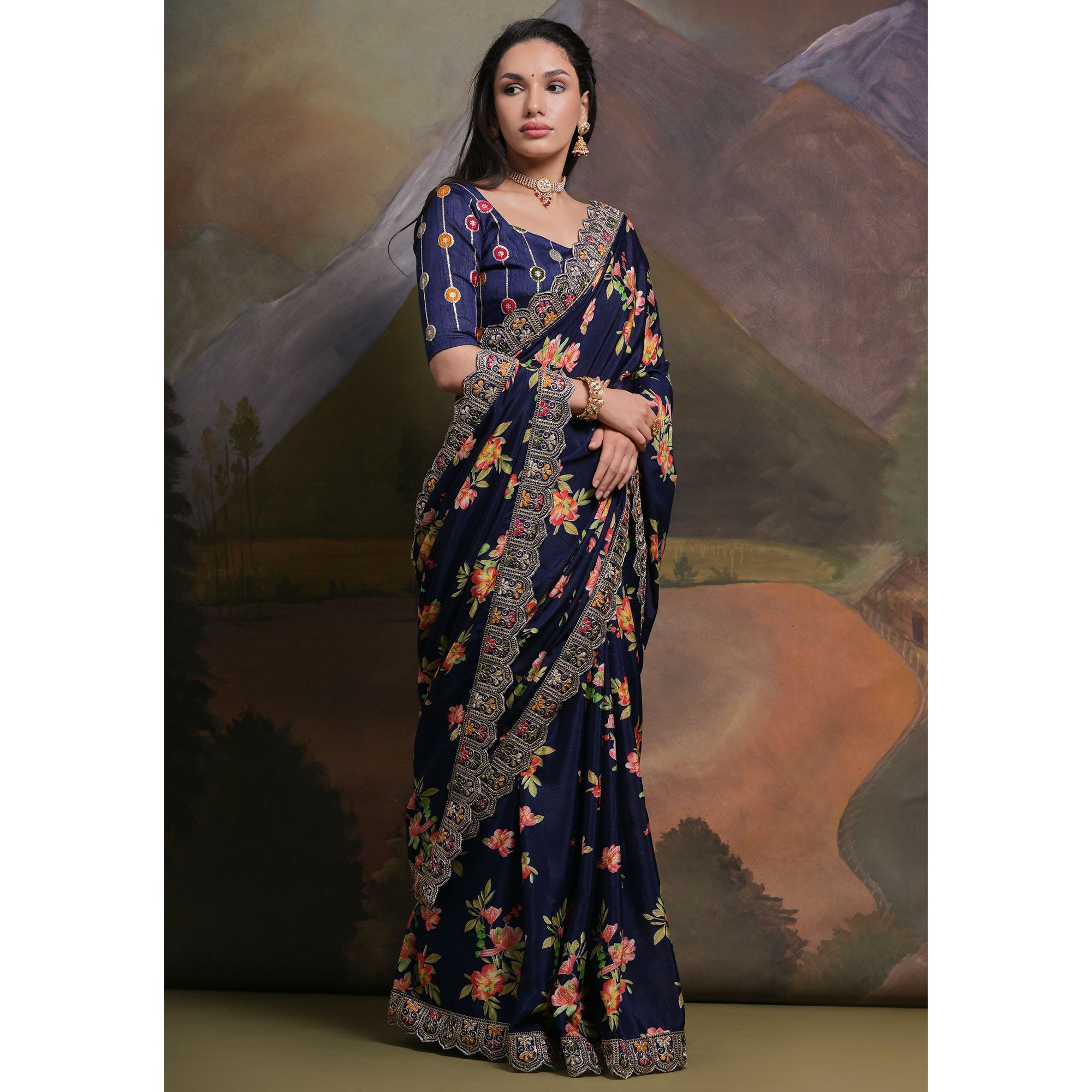 Navy Blue Floral Printed Chinon Saree With Embroidered Border